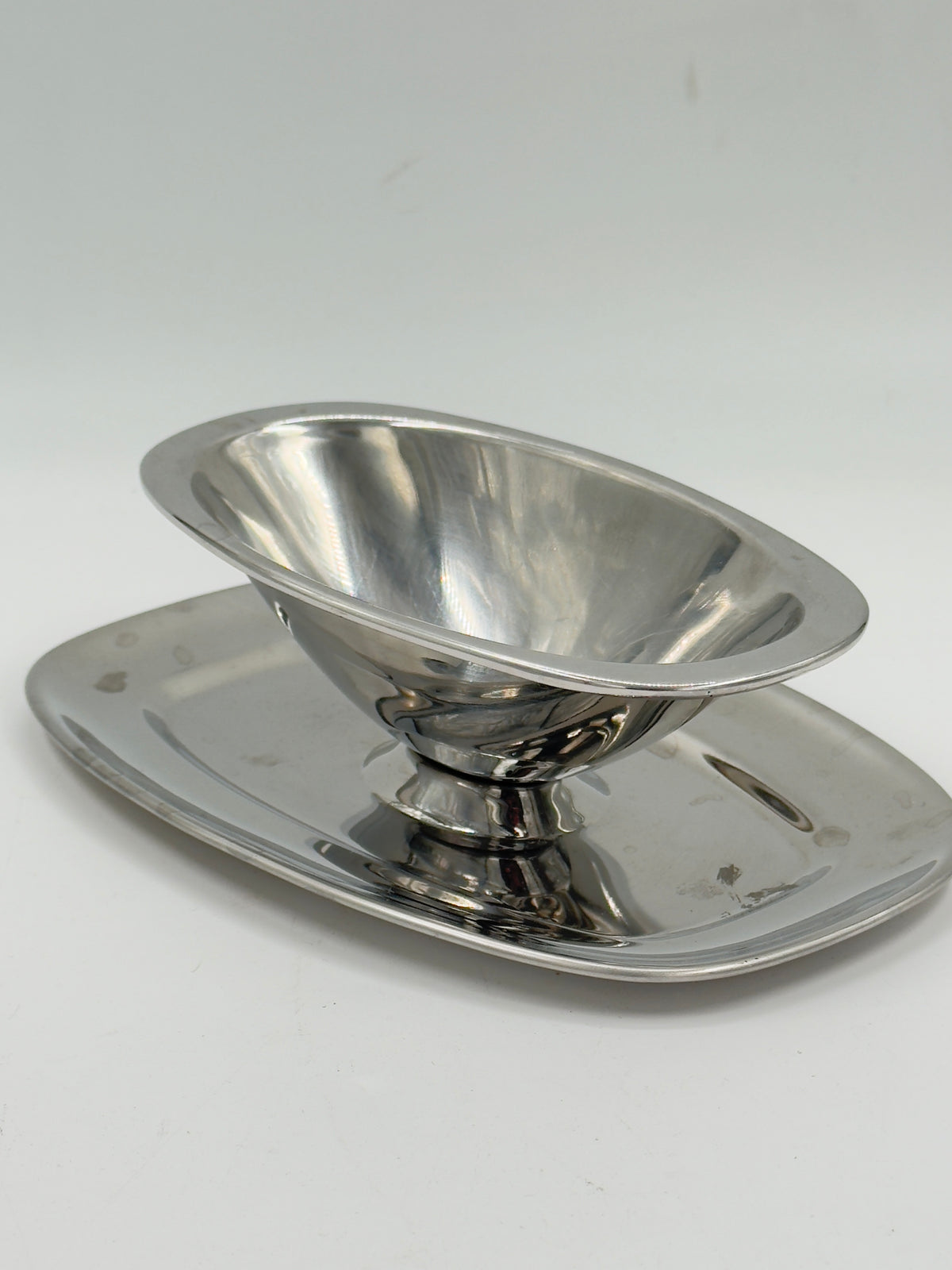 Vintage Stainless Steel Gravy Boat with Attached Oval Tray