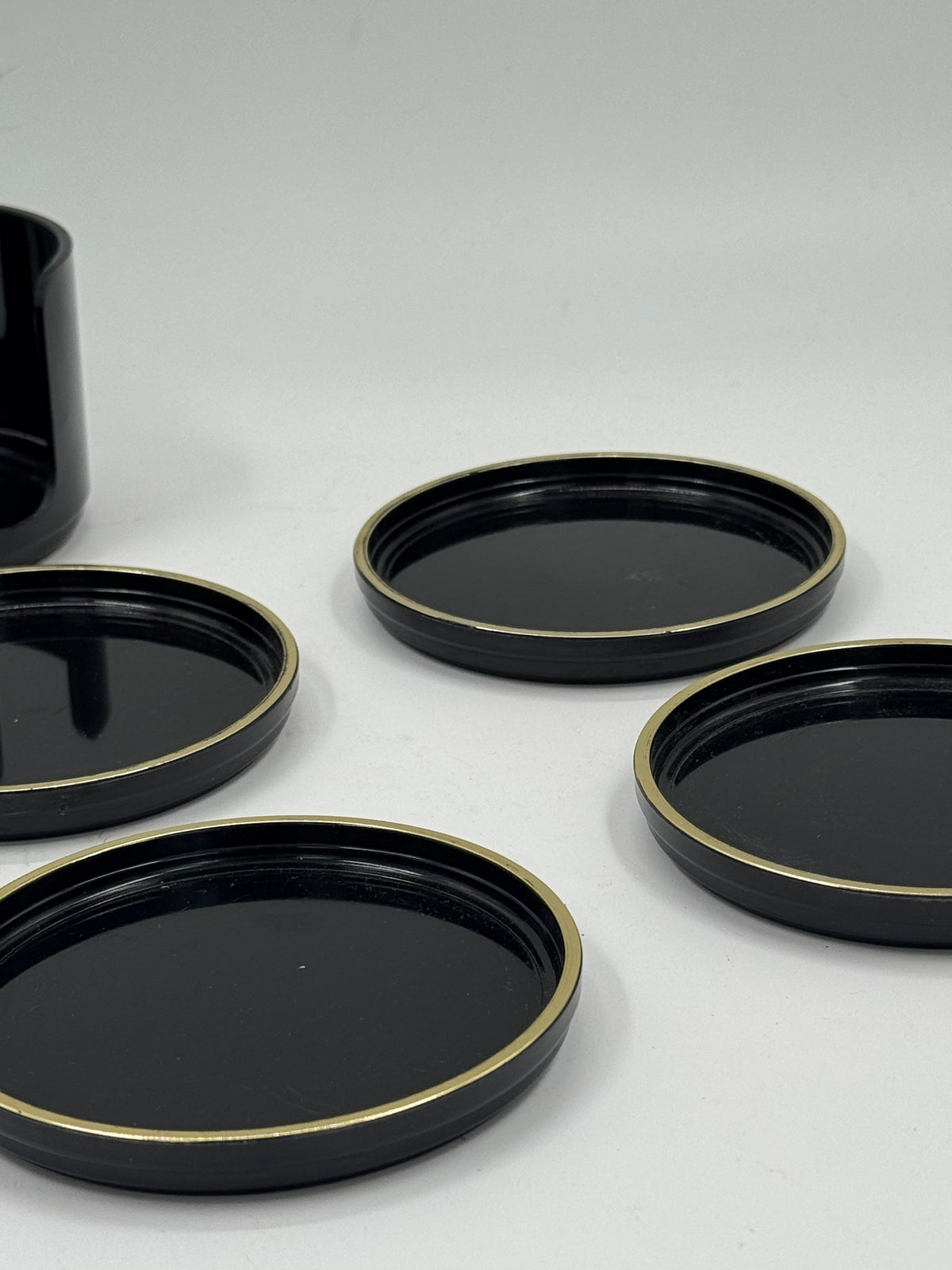 Set of 6 Vintage Black Lacquer Coasters with Caddy