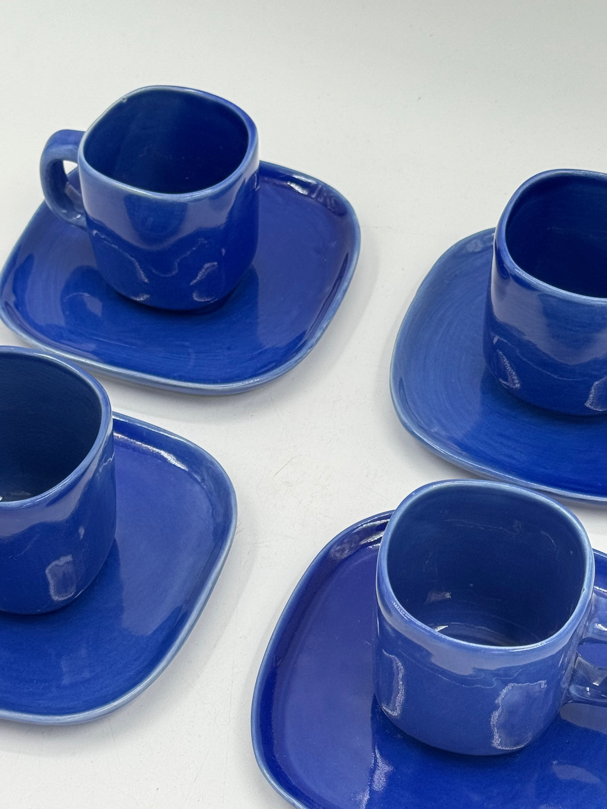 Set of 4 Vintage Handmade Navy Blue Ceramic Cups & Saucers