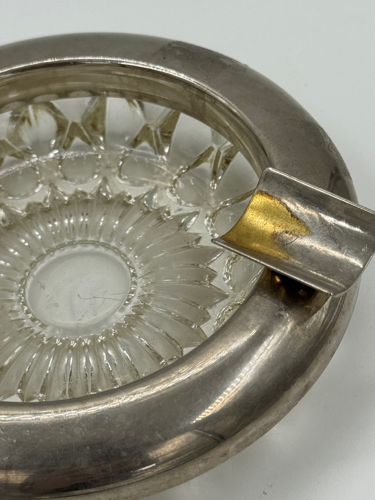 Vintage Cut Glass Ashtray with Silver-Plated Rim and Gilt Rests