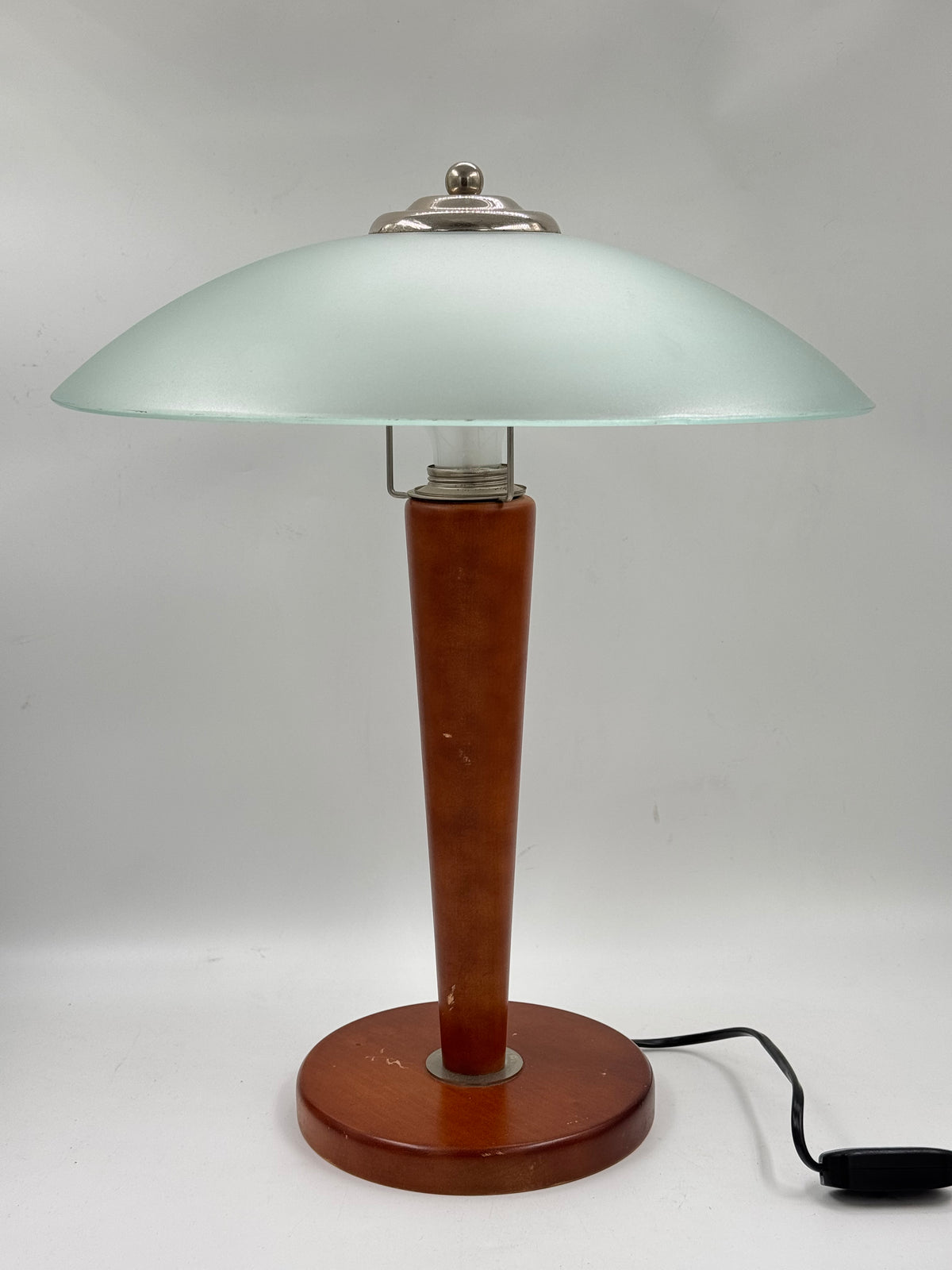 Vintage Mushroom Table Lamp, Cherry Wood & Frosted Glass