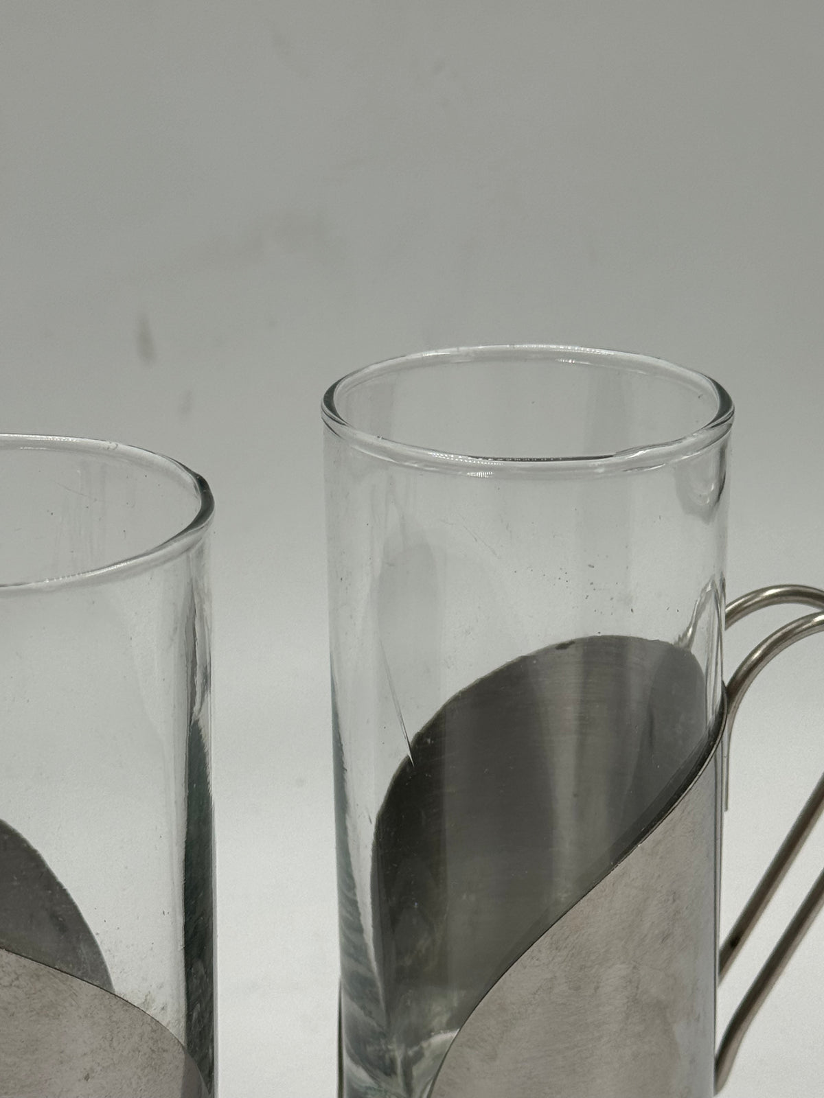 Pair of Vintage Glass Tumblers with Metal Sleeve and Wire Handle