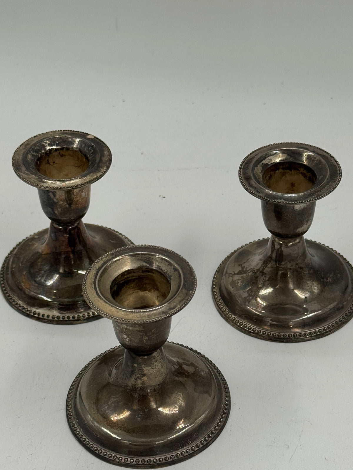 Set of 3 Vintage Silver-Plated Candlesticks, Beaded Rim