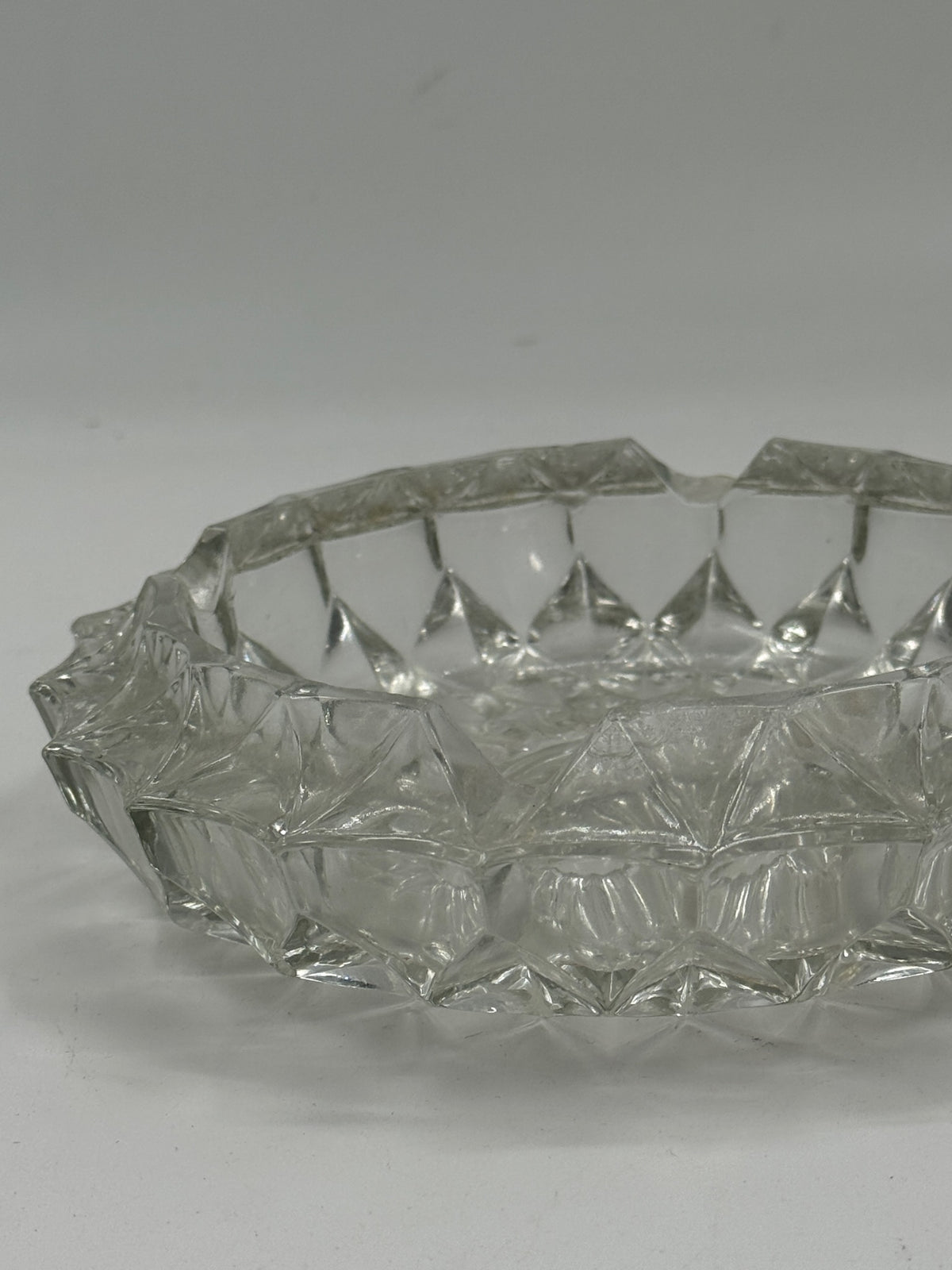 Vintage Pressed Glass Diamond-Cut Ashtray, Scalloped Rim