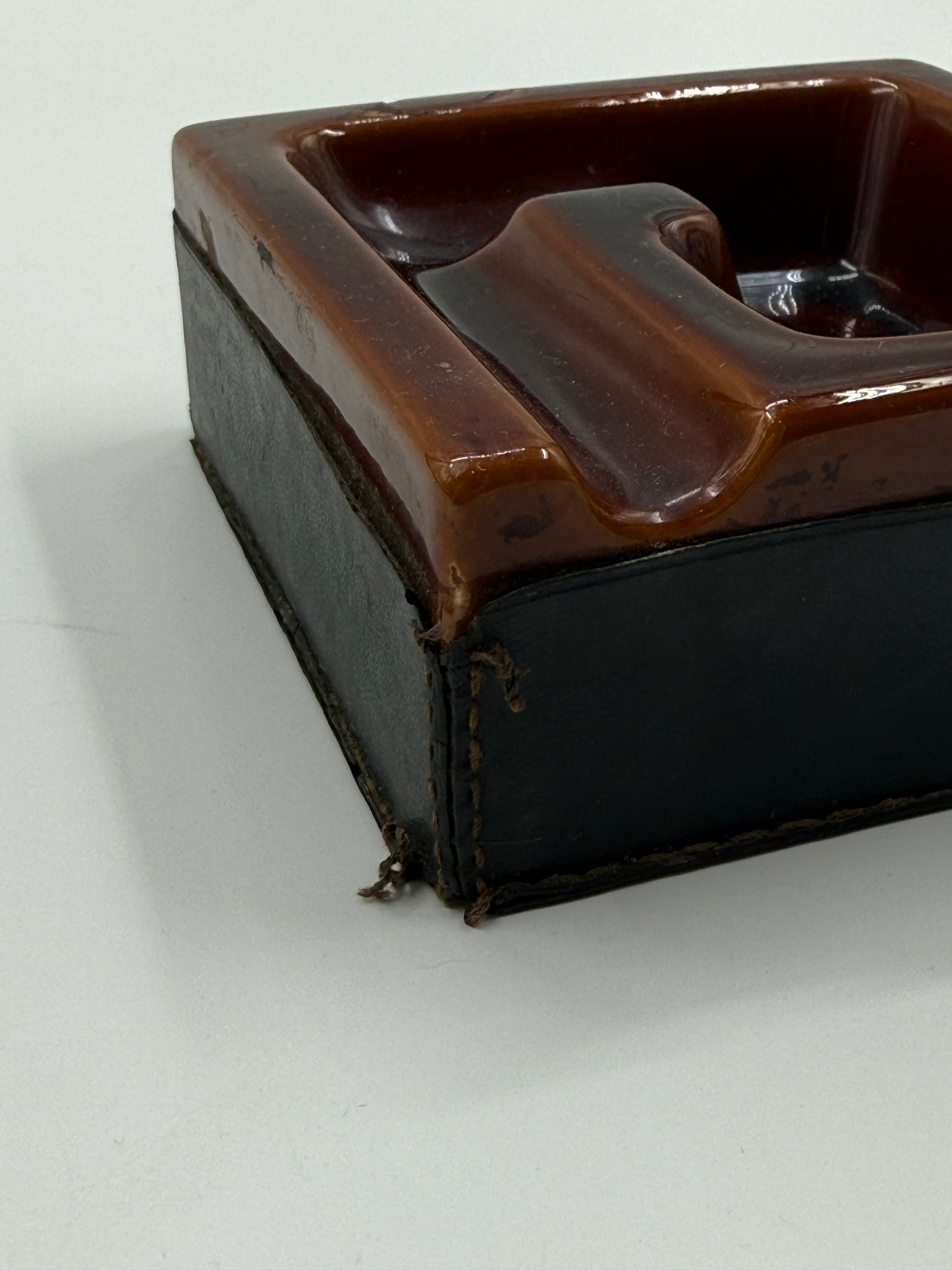 Geometric Brown Glazed Ashtray with Leather Base (1960s–70s)