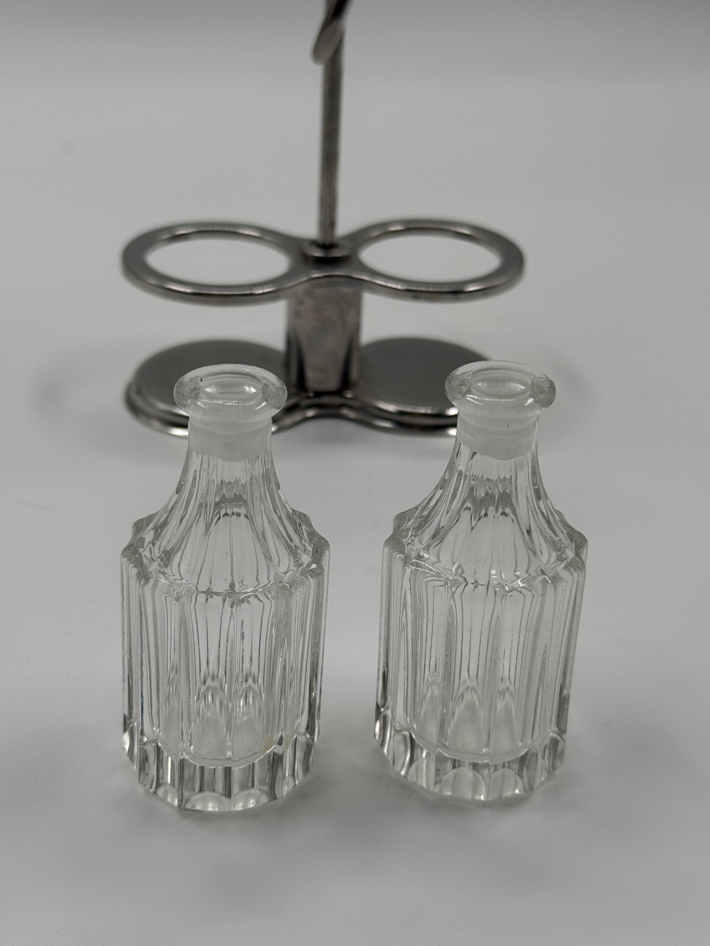 Cut-Glass Oil & Vinegar Set Sculptural Steel Handle