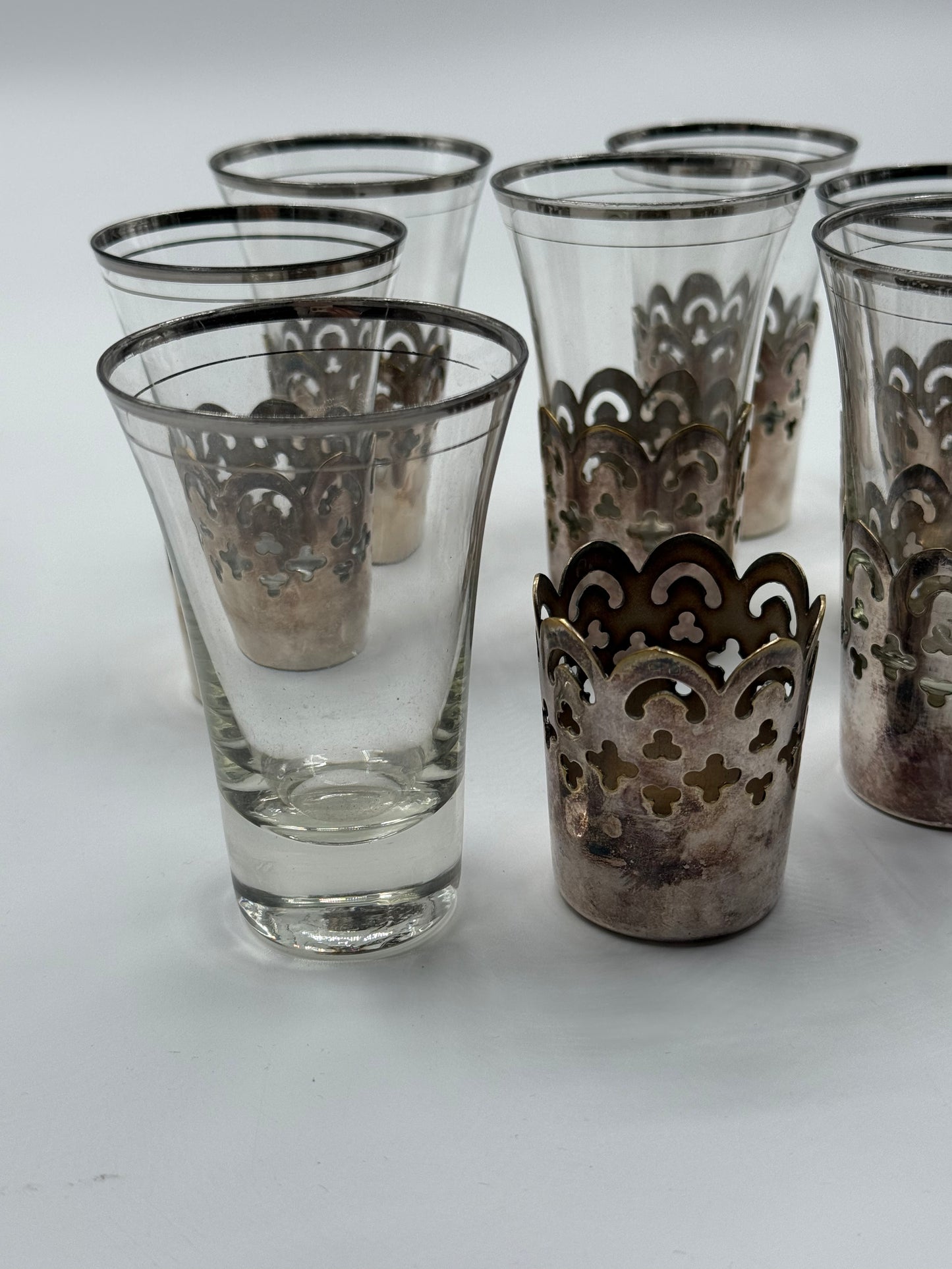 Set of 7 Vintage Moroccan Tea Glasses with Metal Holders