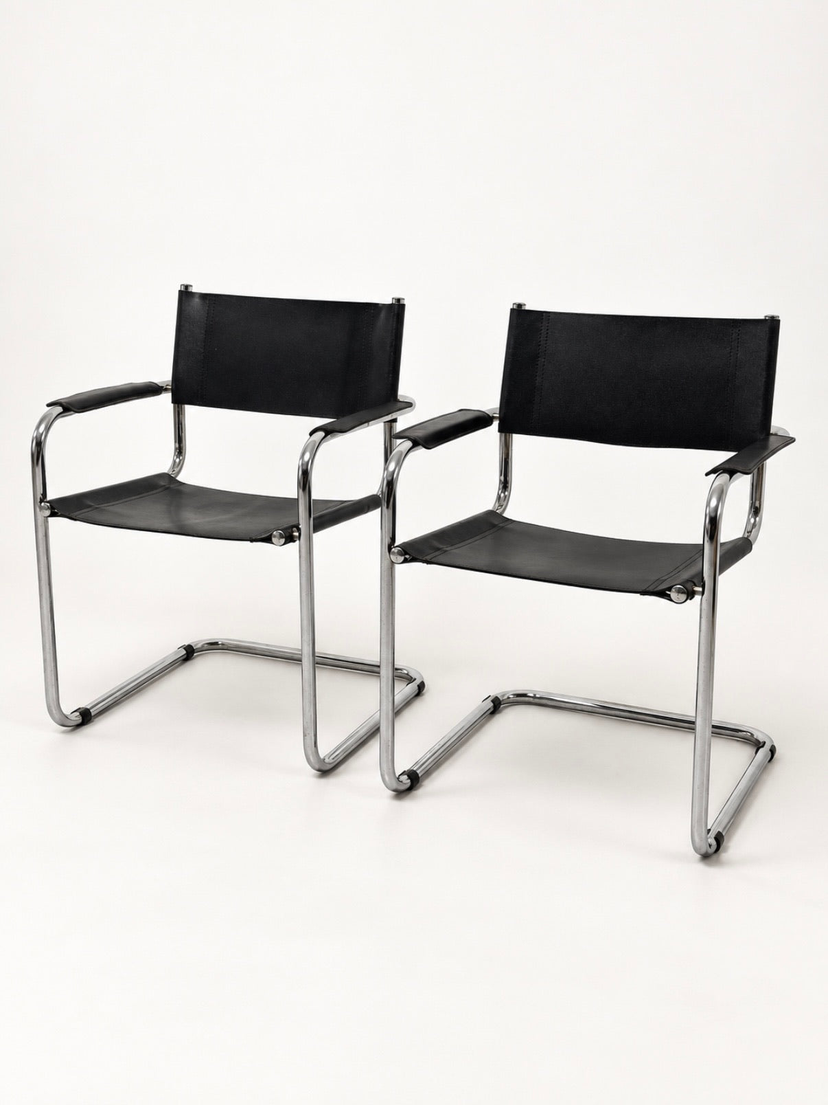 Bauhaus Style Cantilever Armchairs, Black Leather & Chrome, Pair