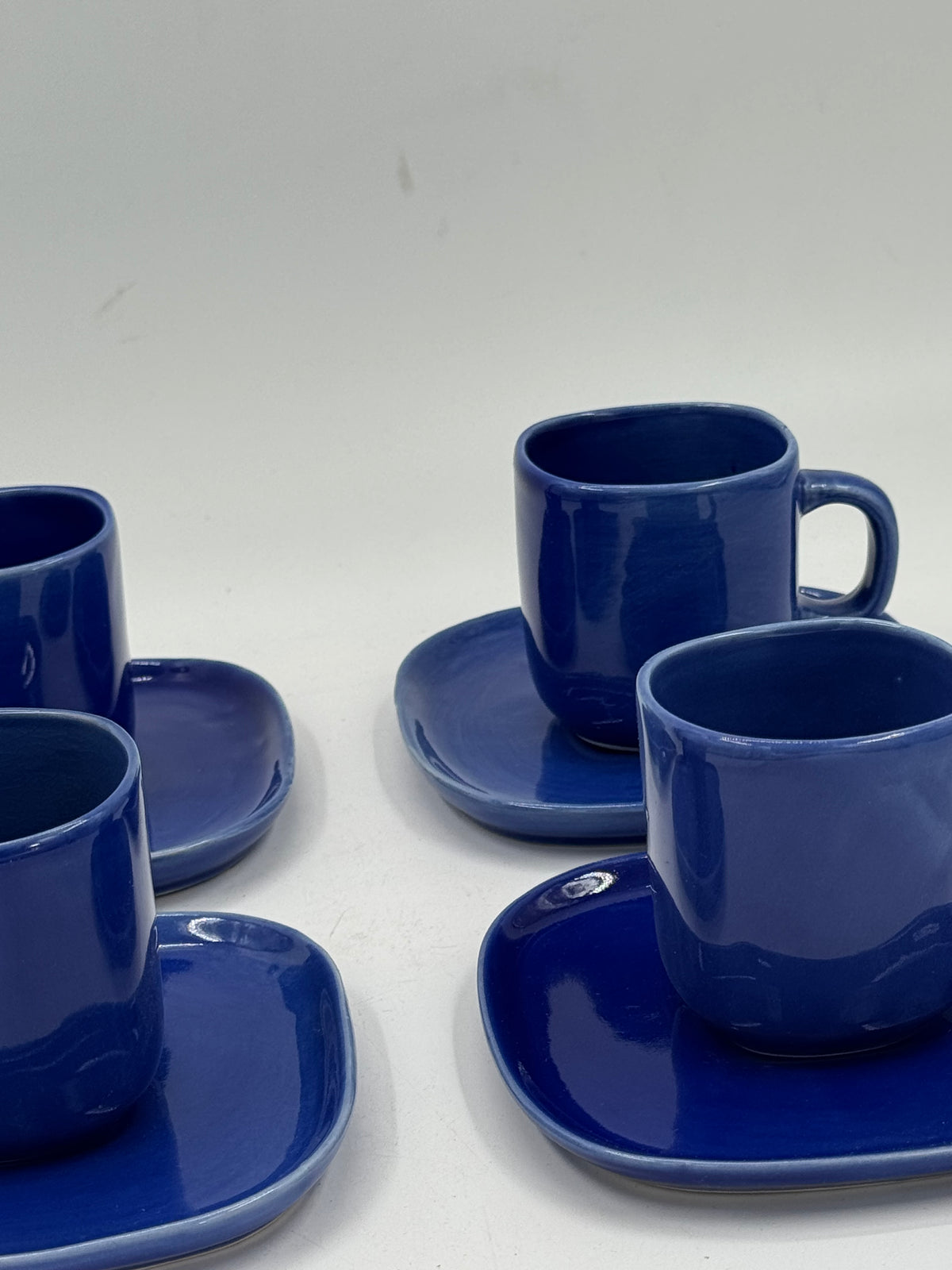 Set of 4 Vintage Handmade Navy Blue Ceramic Cups & Saucers