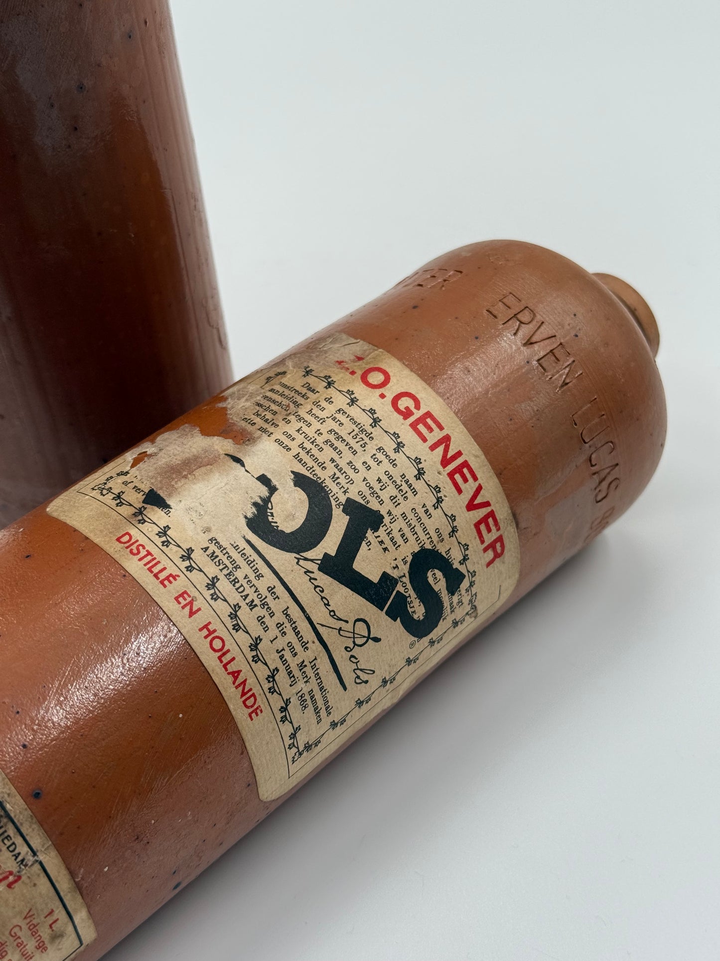 Pair of Antique Dutch Genever Stoneware Bottles Amsterdam & Lucas Bols