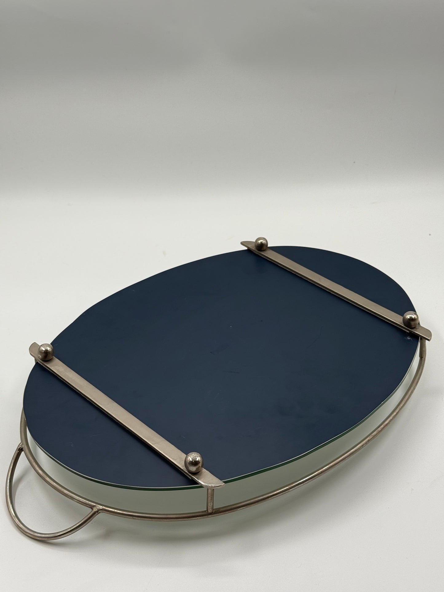 Chrome & Mirror Oval Tray Mid-Century Reflective Piece