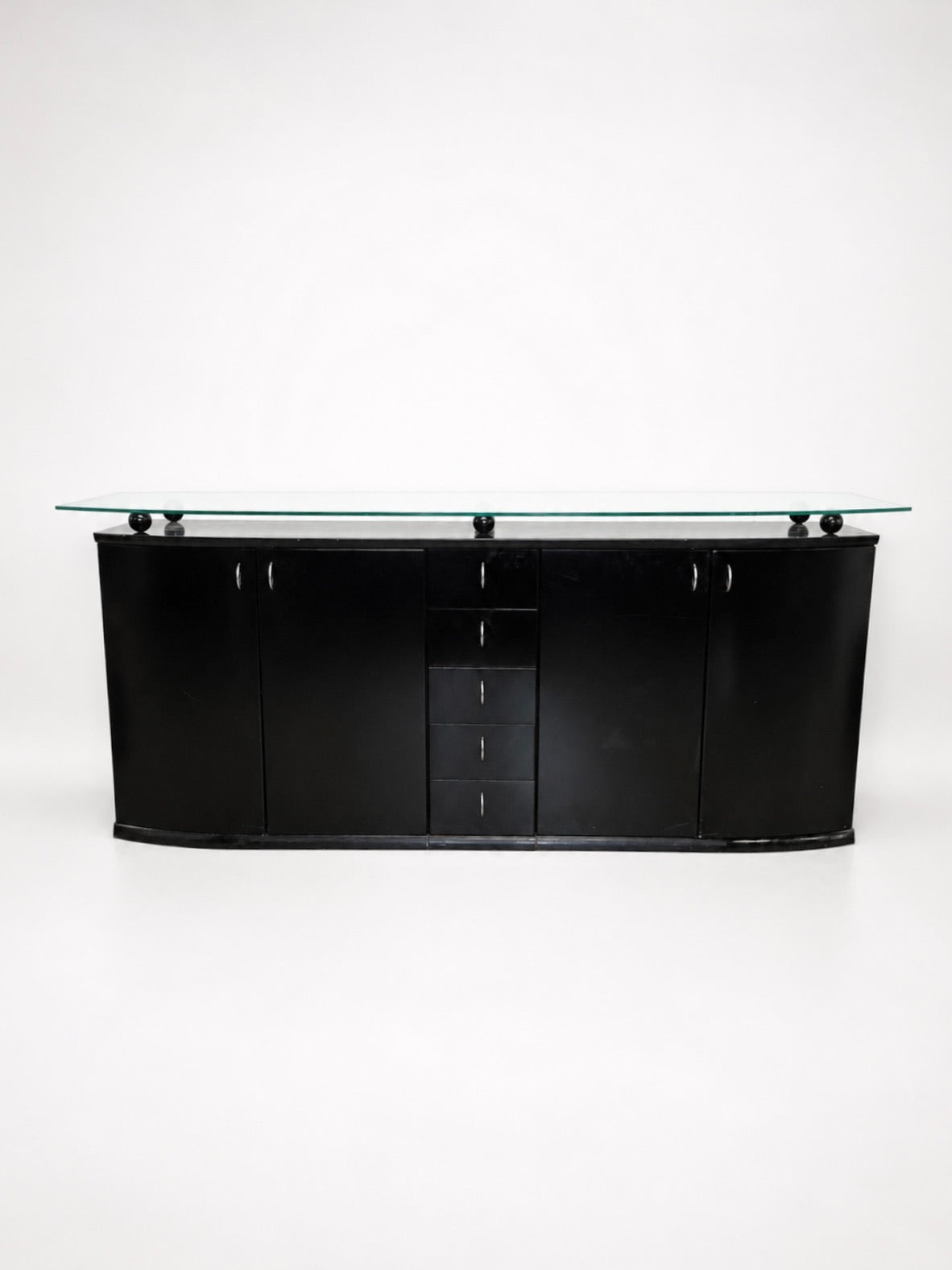 Postmodern Black Lacquer Sideboard with Raised Glass Top on Ball Feet