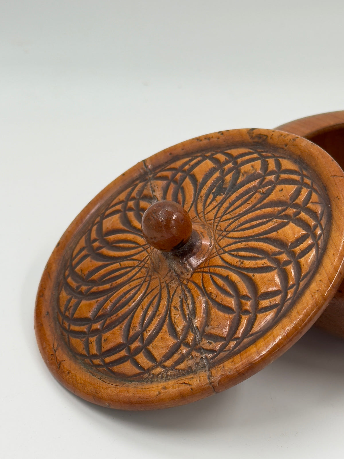 Vintage Carved Wood Lidded Box with Geometric Motif