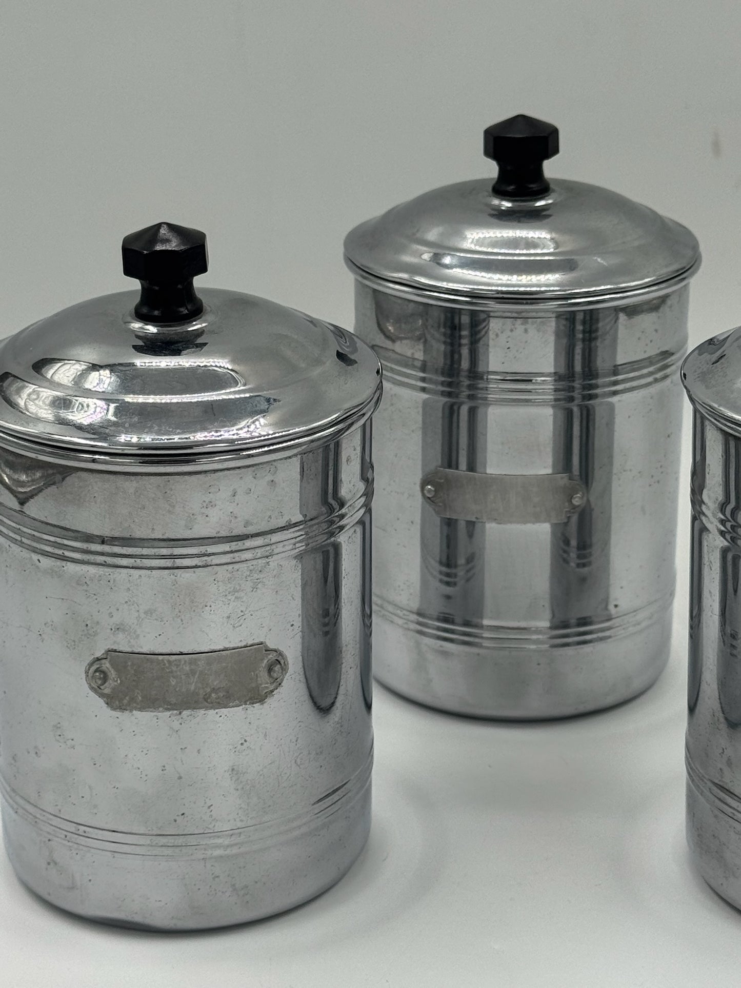 Set of 3 Vintage Chrome Kitchen Canisters with Lids