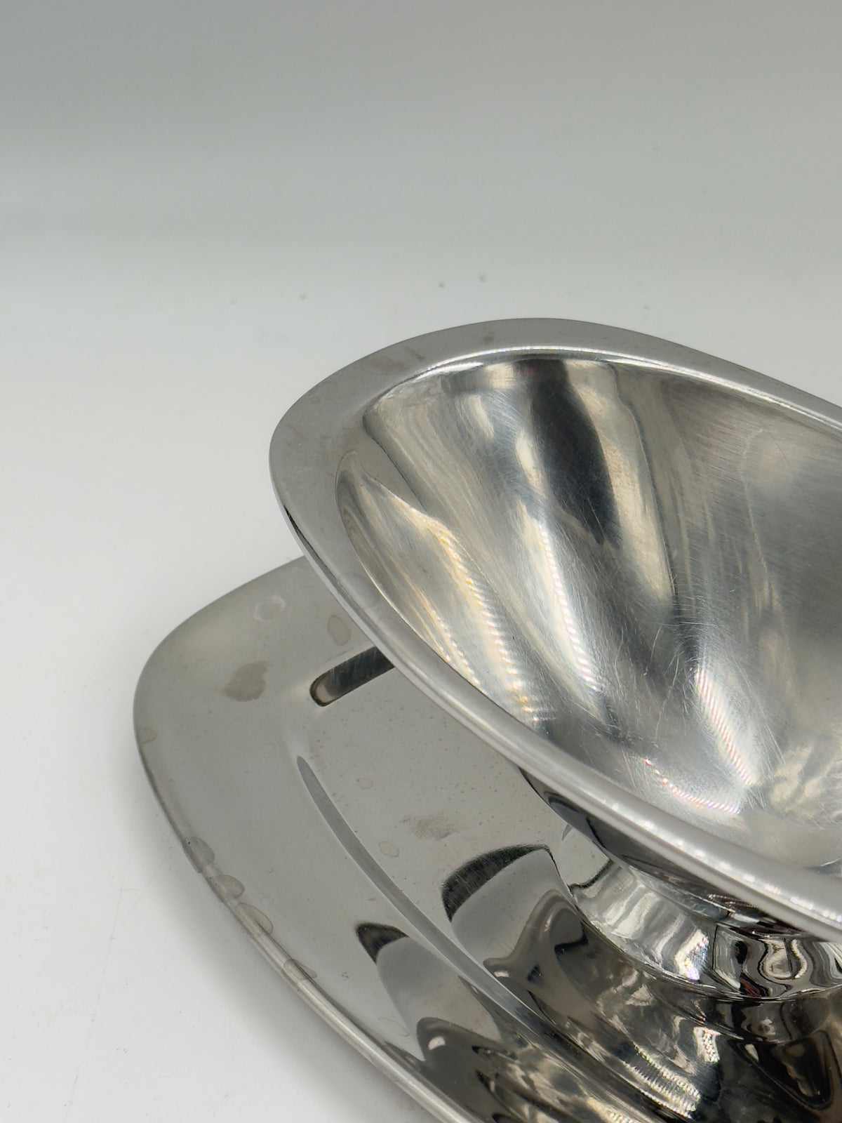 Vintage Stainless Steel Gravy Boat with Attached Oval Tray