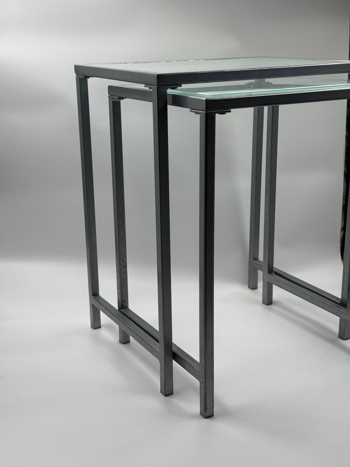 Set of Two Glass Nesting Tables (Industrial Steel Frame)