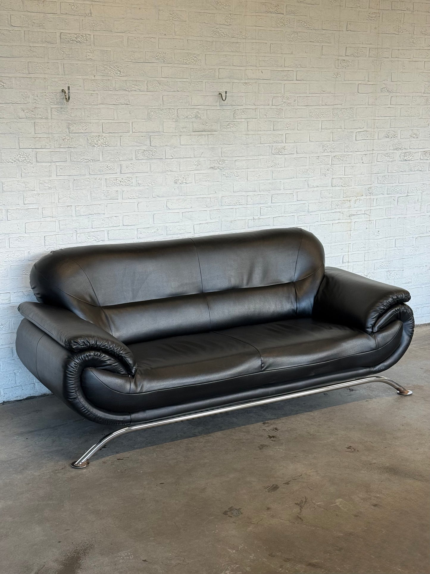Vintage Italian Three-Seat Sofa in Black Leather & Chrome
