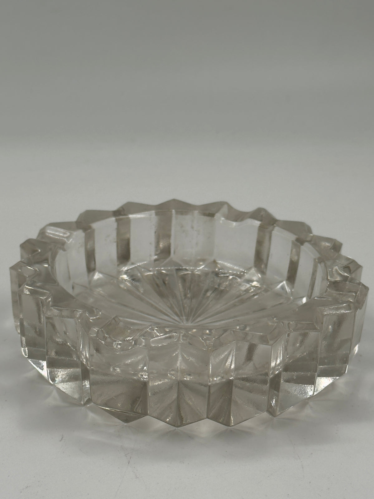 Vintage Faceted Cut Glass Ashtray with Sunburst Base