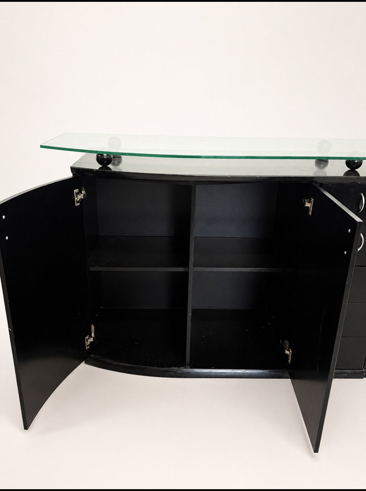 Postmodern Black Lacquer Sideboard with Raised Glass Top on Ball Feet