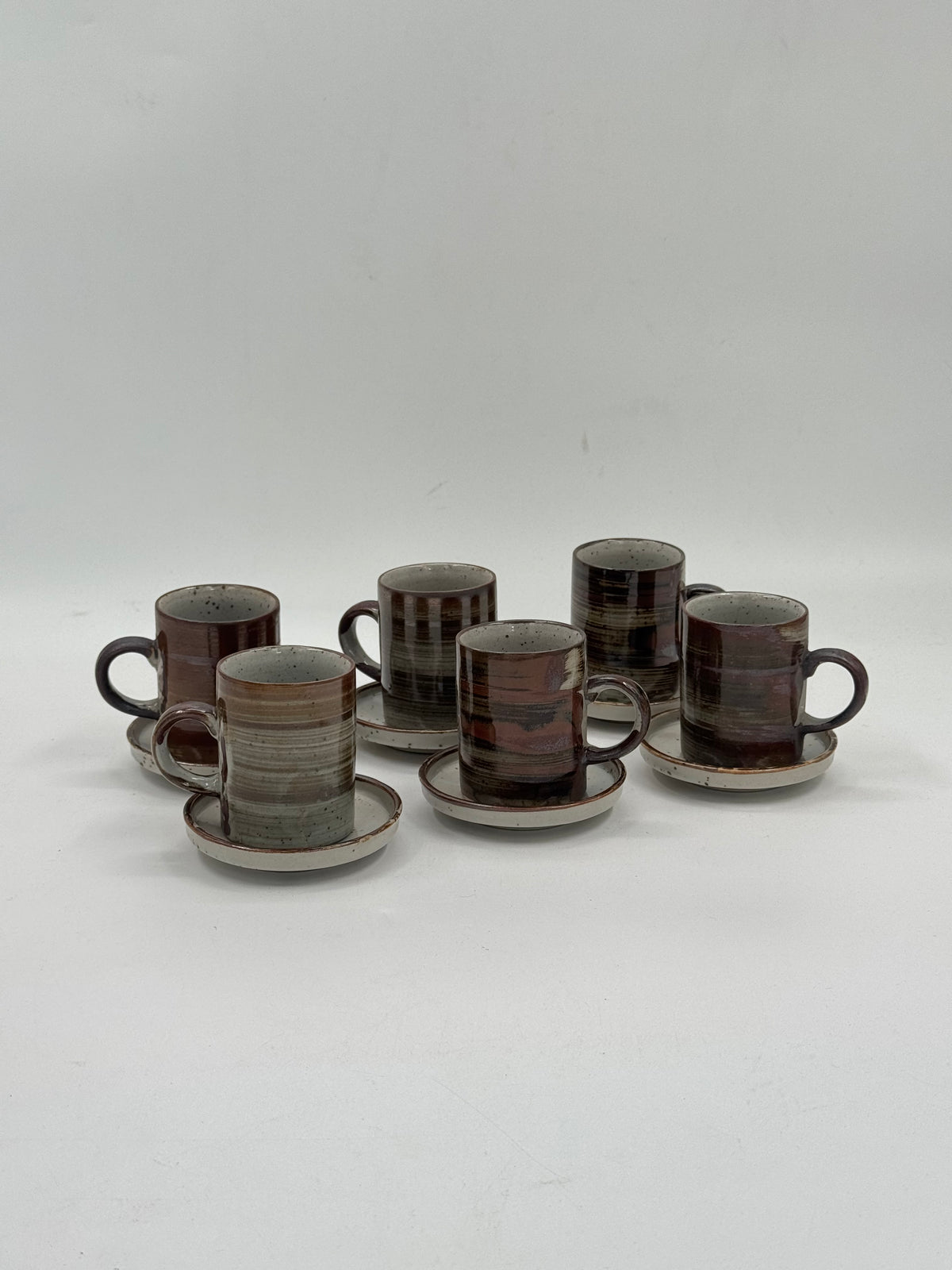 Set of 6 Vintage Handmade Stoneware Cups & Saucers