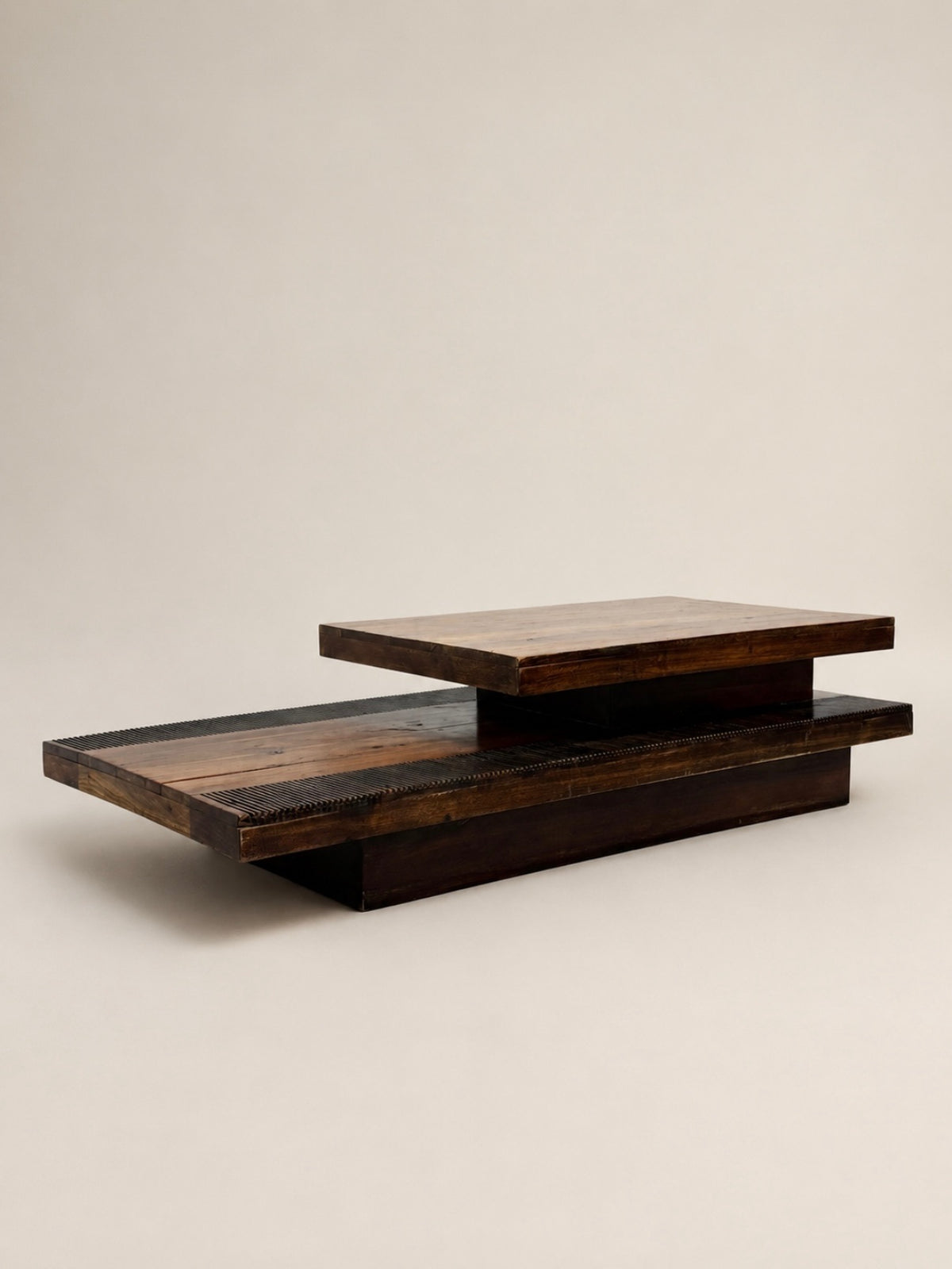 Sculptural Two-Tier Wood Coffee Table with Fluted Base