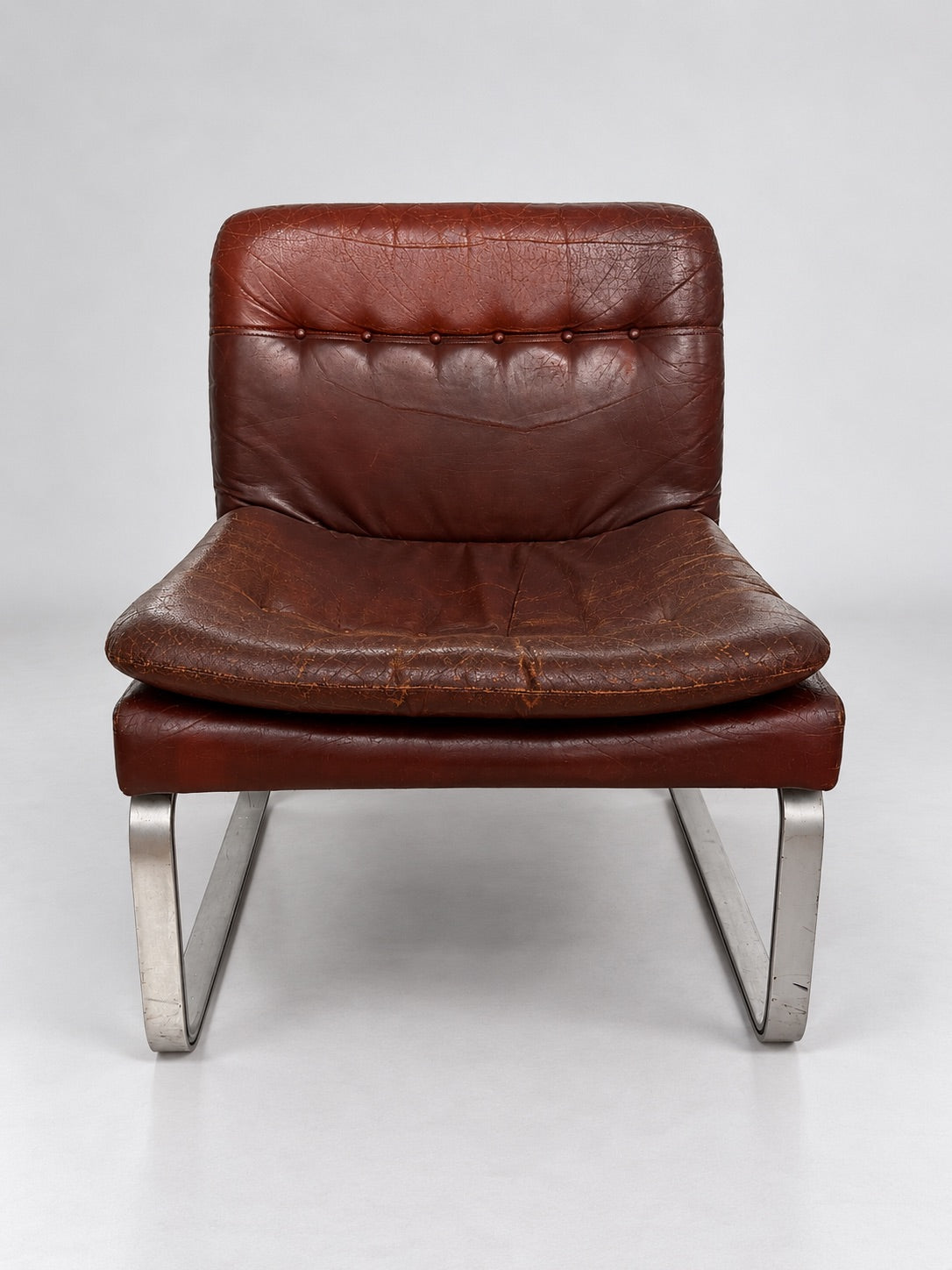 Vintage Design Lounge Chair, Brown Leather & Brushed Steel