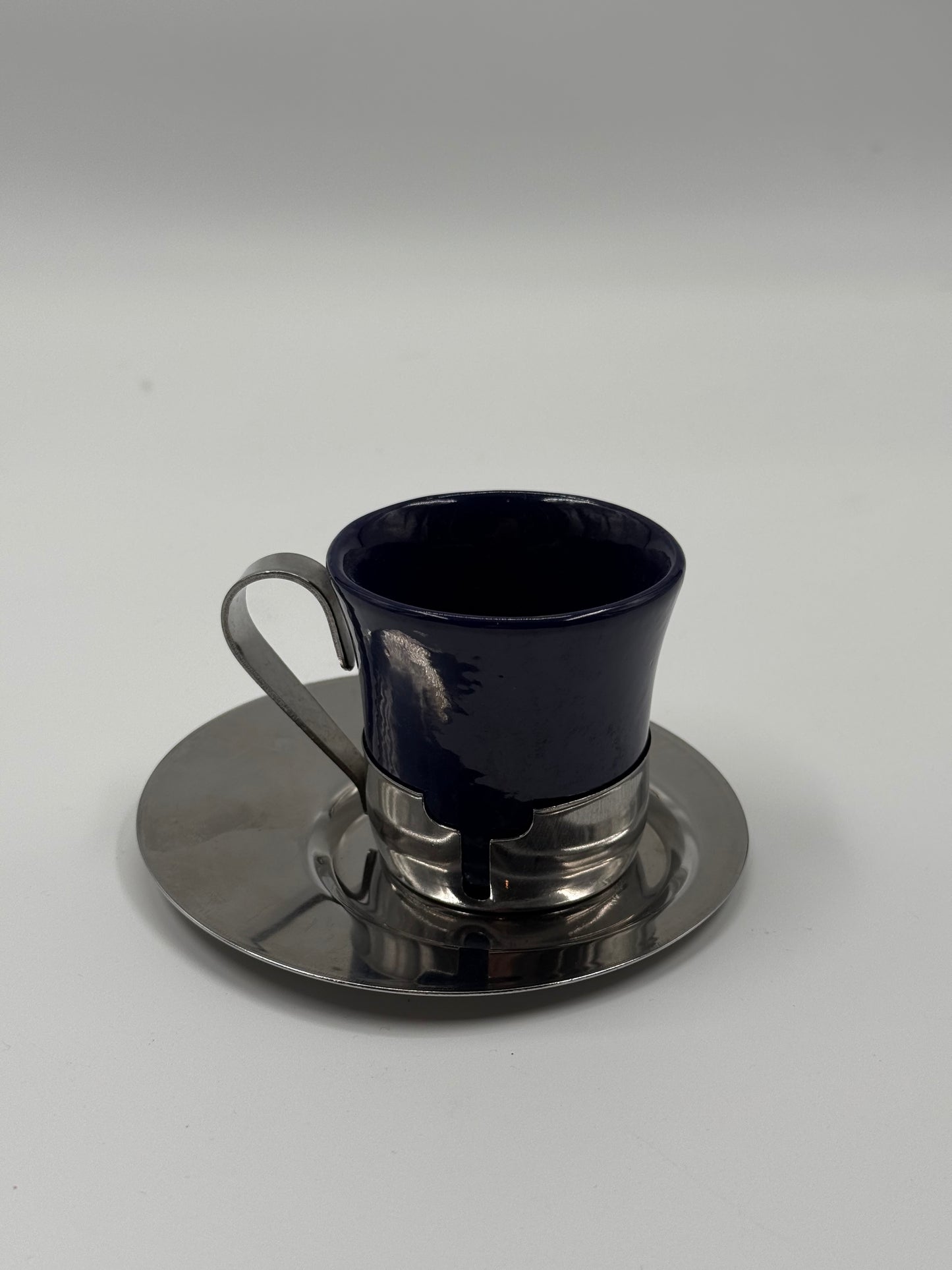 vintage Set of 4 Espresso Cups with Chrome Holders & Saucers Mid-Century Modern