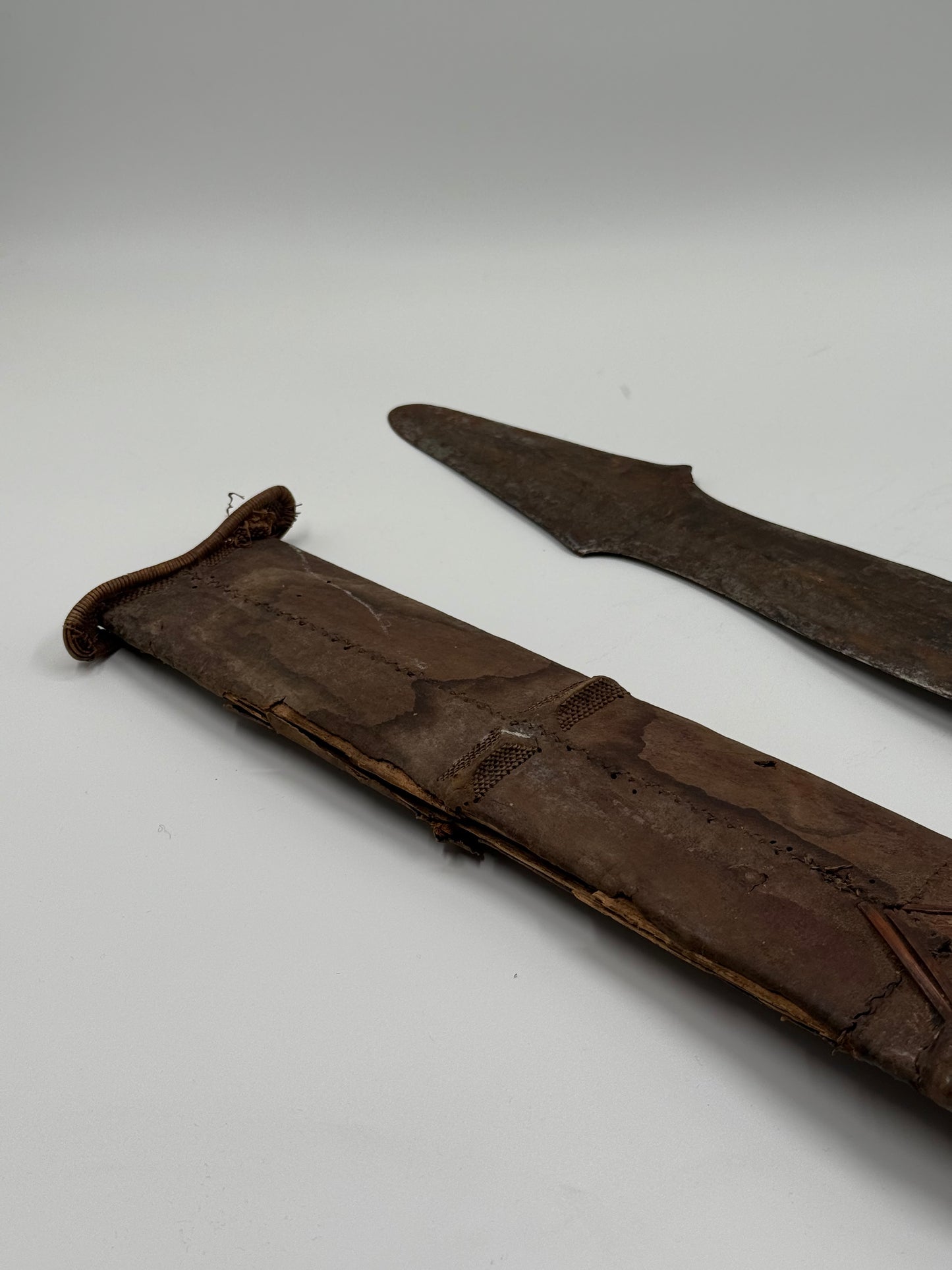 19th-Century Central African Forged Iron Sword with Leather Scabbard