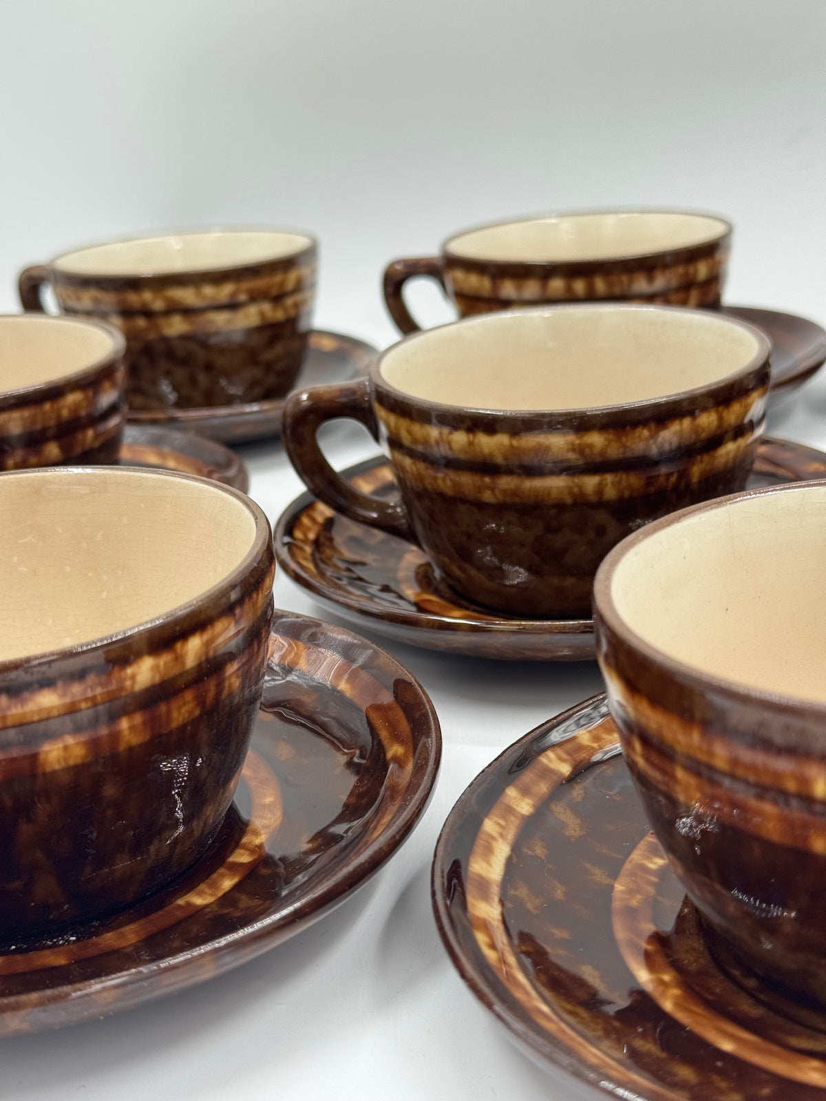 Set of 11 Vintage Ceramic Cups & Saucers, Drip Glaze