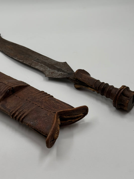 19th-Century Central African Forged Iron Sword with Leather Scabbard