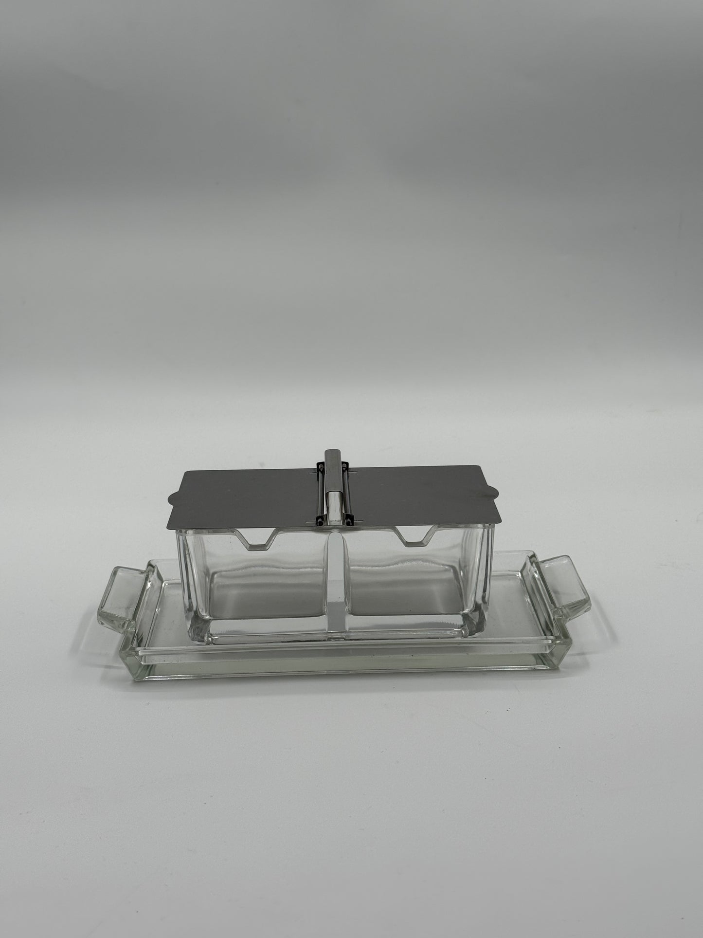 Vintage Glass & Chrome Condiment Duo Rectangular Serving Set