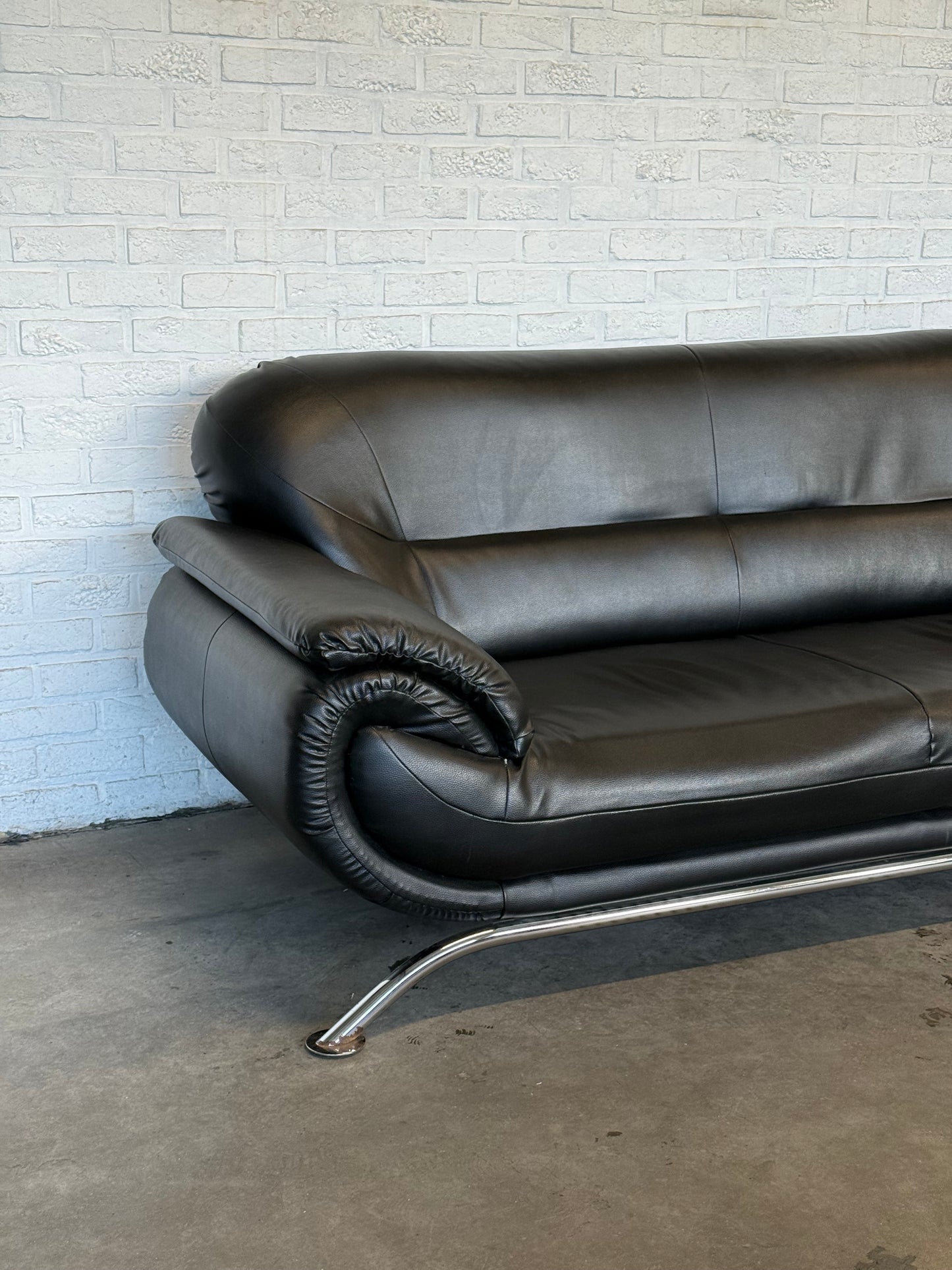Vintage Italian Three-Seat Sofa in Black Leather & Chrome