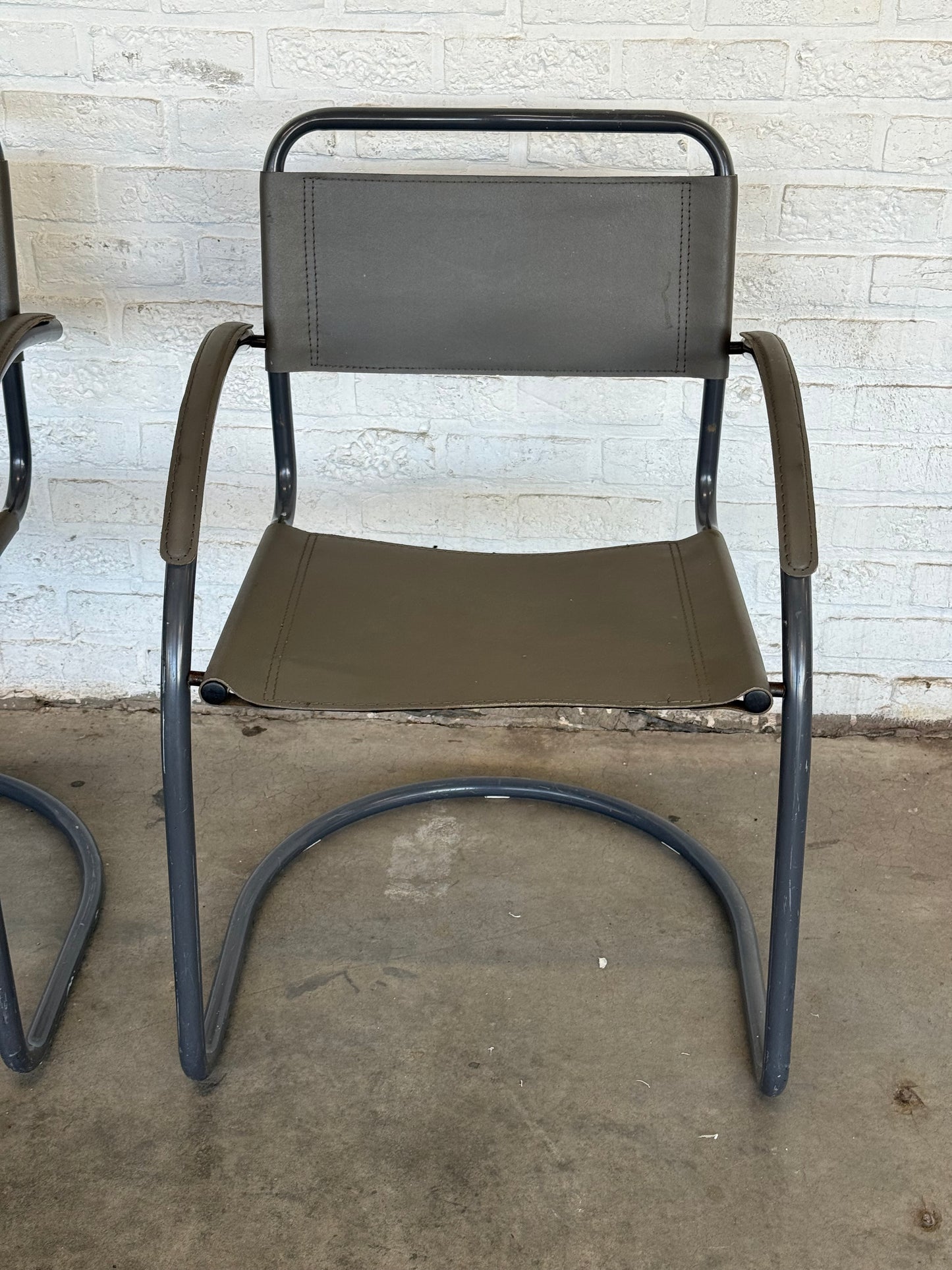 Vintage Cantilever Lounge Chairs — Pair, Grey Leather & Tubular Steel
