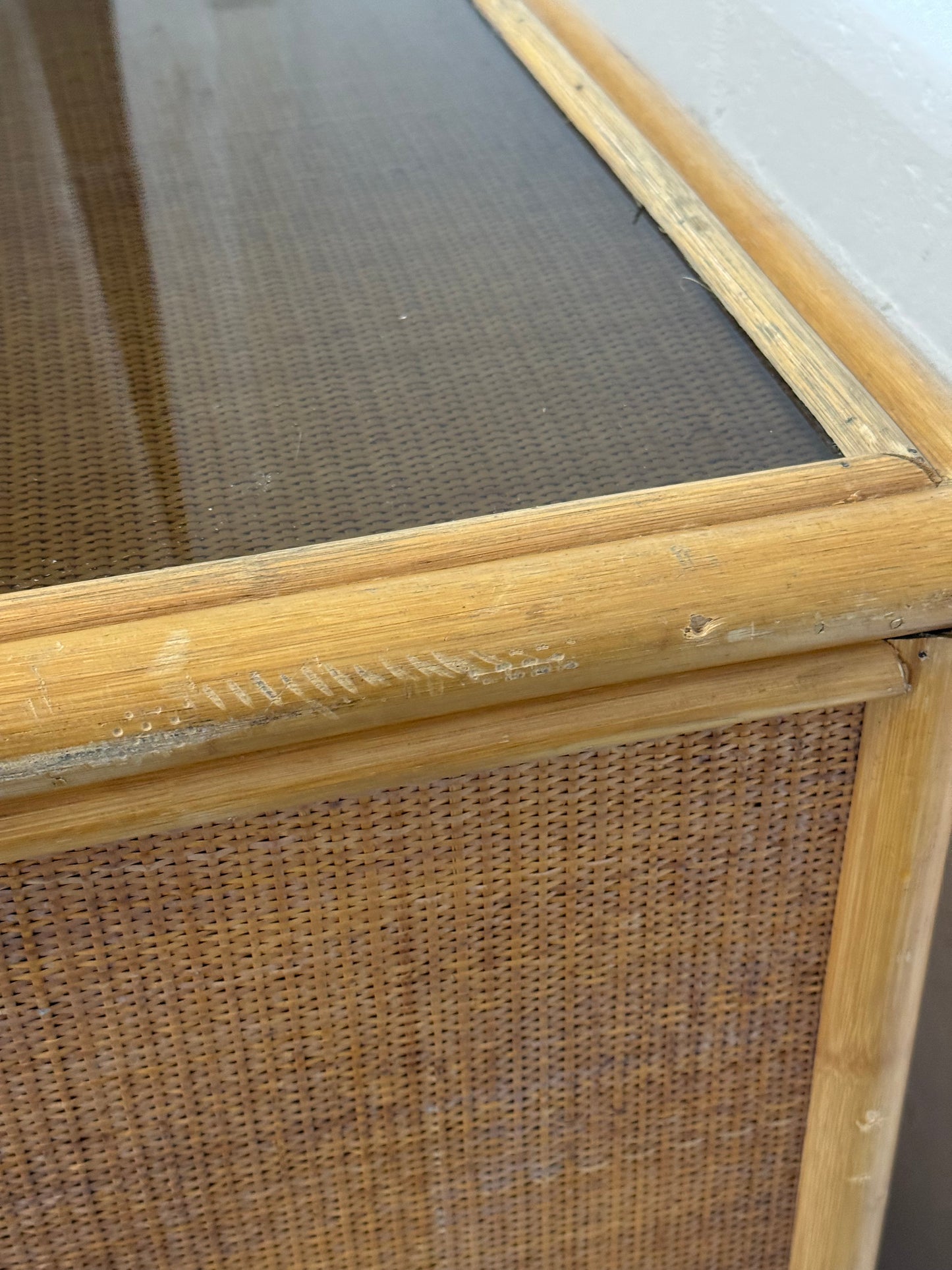 Vintage Bamboo and Woven Rattan Desk — Glass Top