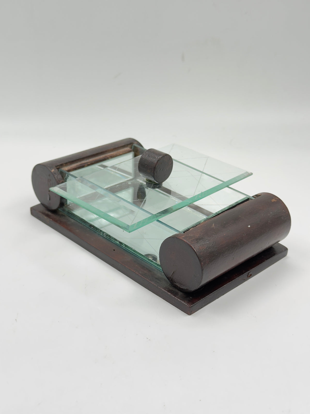 Vintage Art Deco Wood and Glass Roll-Top Box, Etched Geometric Pattern
