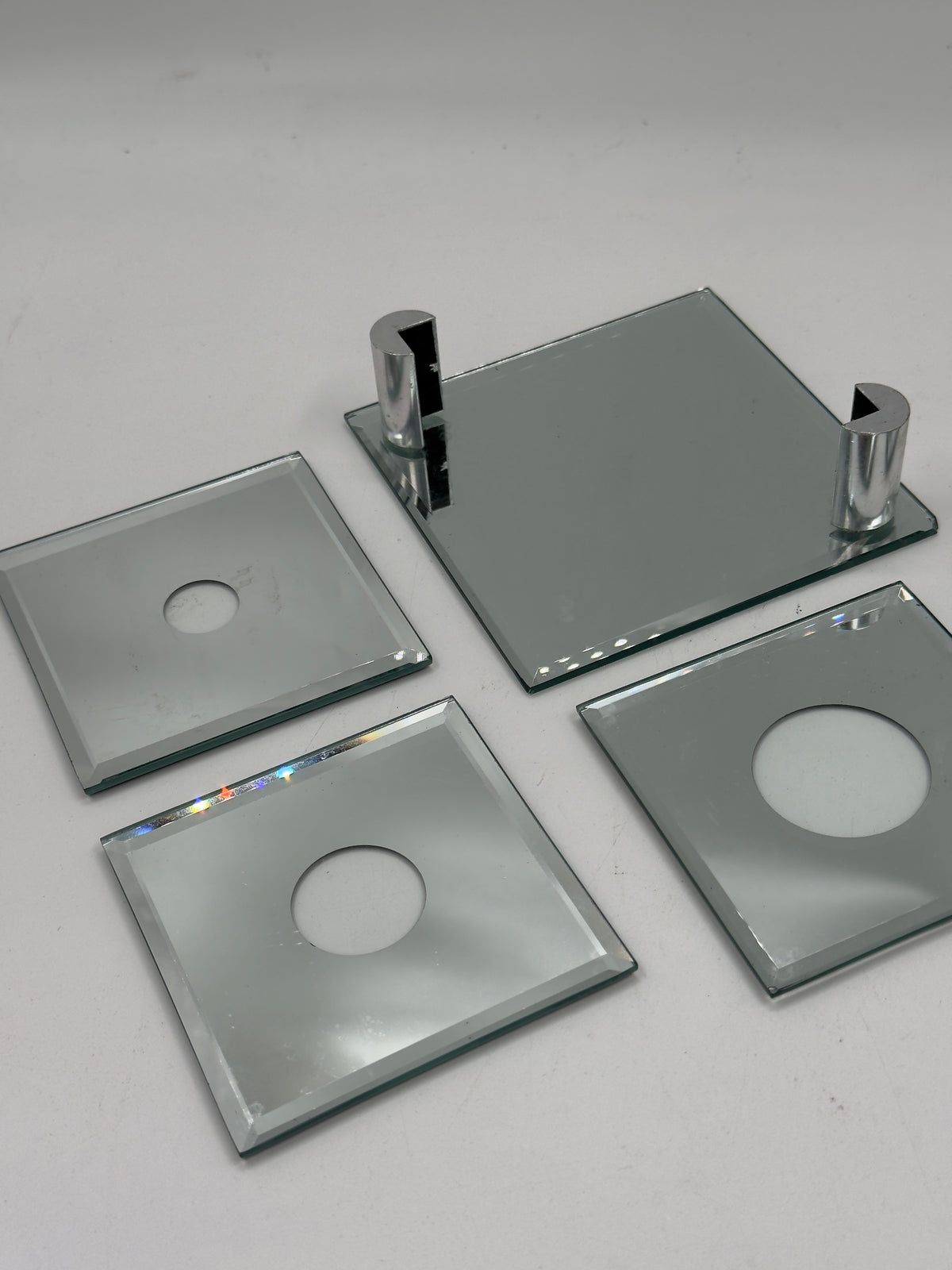 Vintage Postmodern Mirrored Glass Coaster Set with Chrome Stand