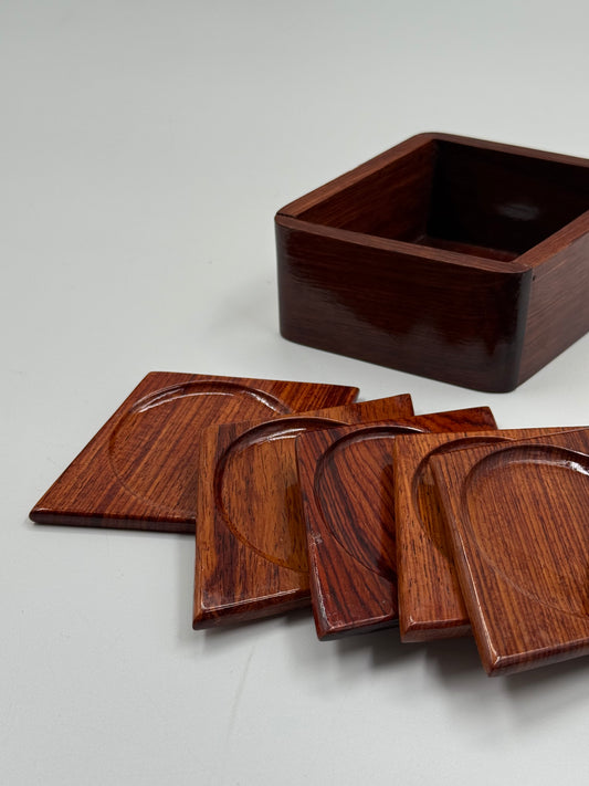 Mid-Century Wooden Coaster Set with Storage Box