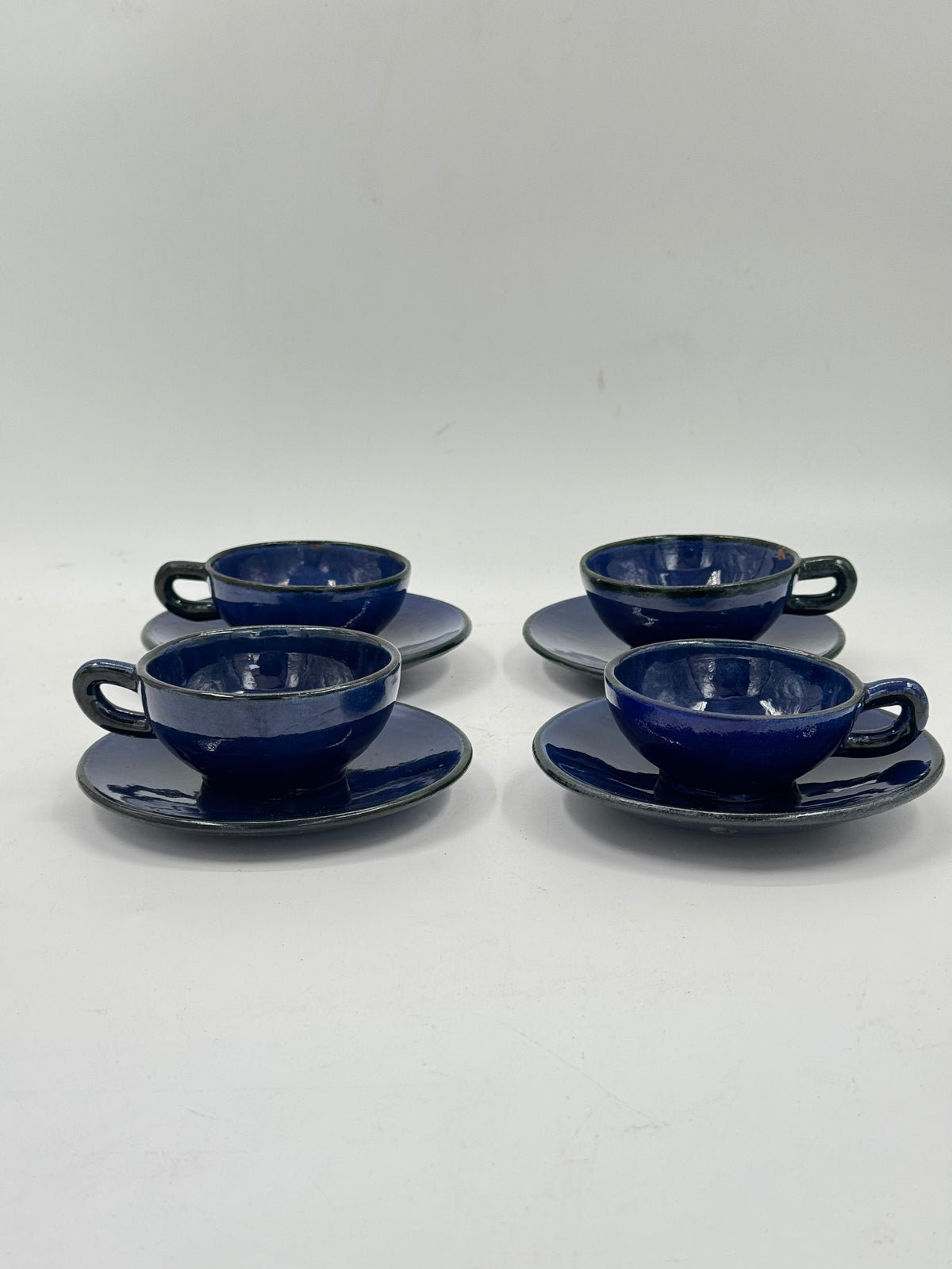 Set of 4 Vintage Studio Pottery Cups and Saucers, Cobalt Blue Glaze
