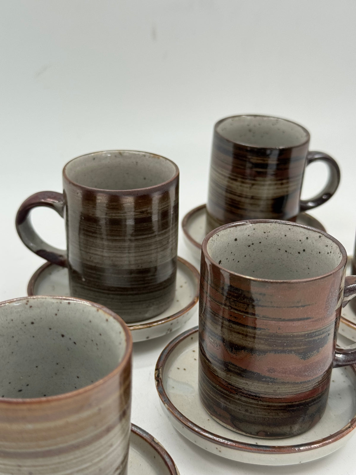 Set of 6 Vintage Handmade Stoneware Cups & Saucers