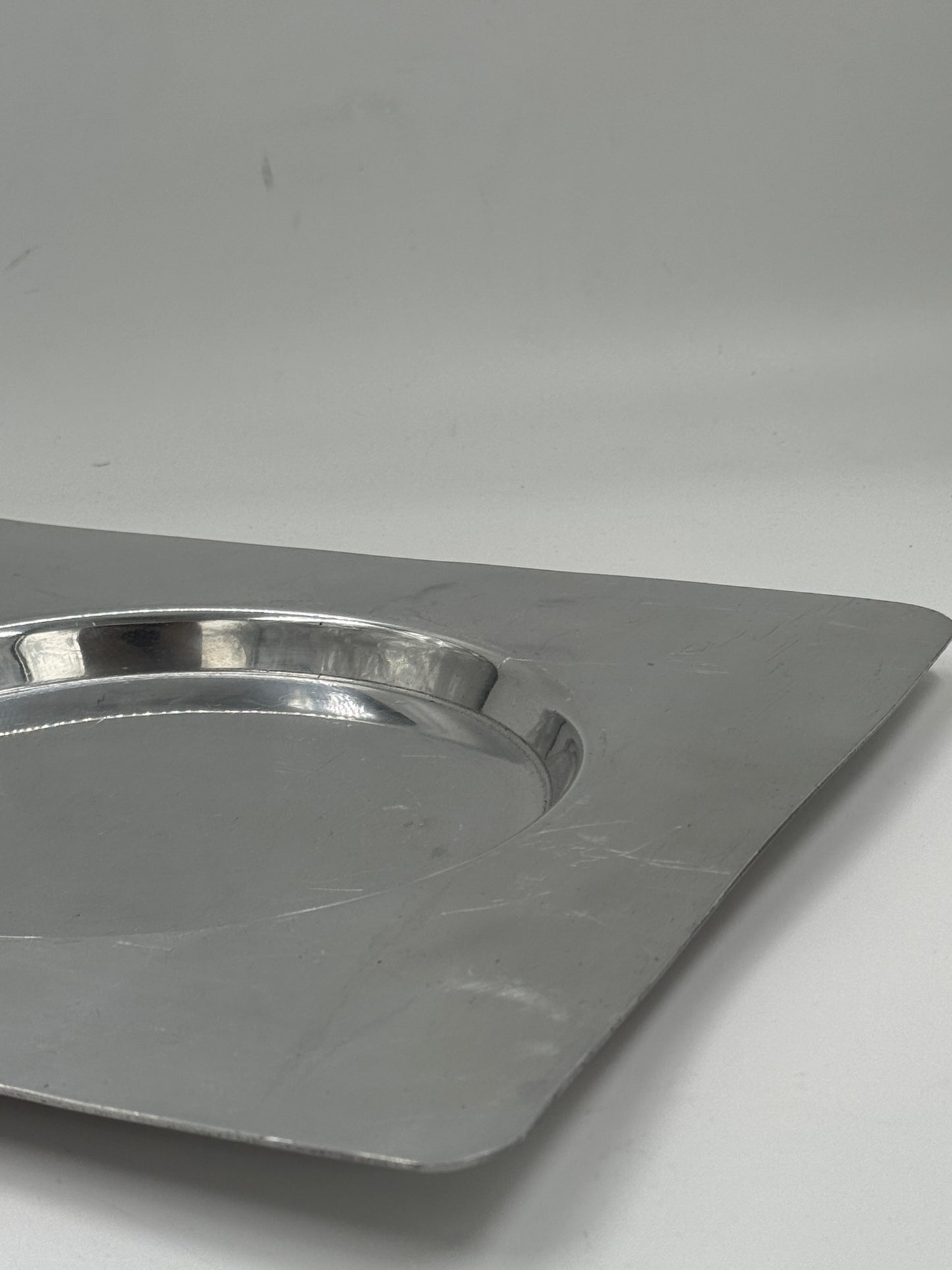 Vintage Modernist Square Stainless Steel Tray with Round Center Well