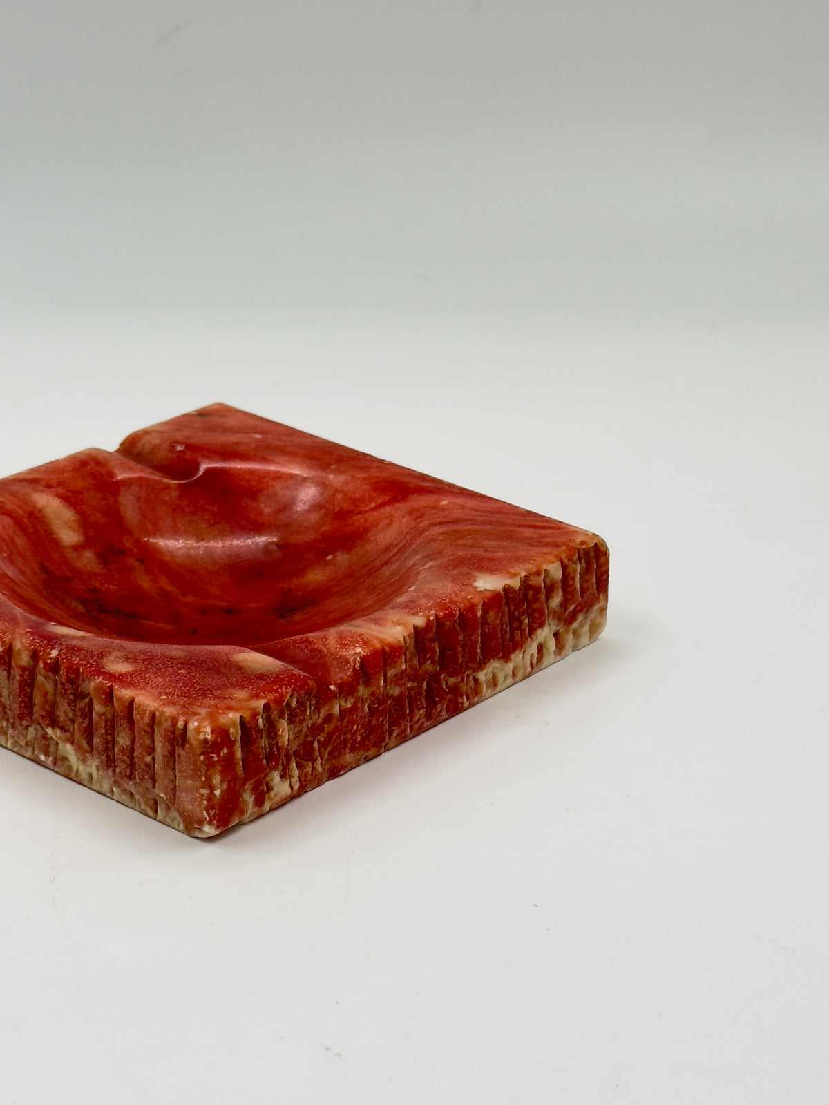 Vintage Hand-Carved Red Stone Ashtray with Chiseled Edges
