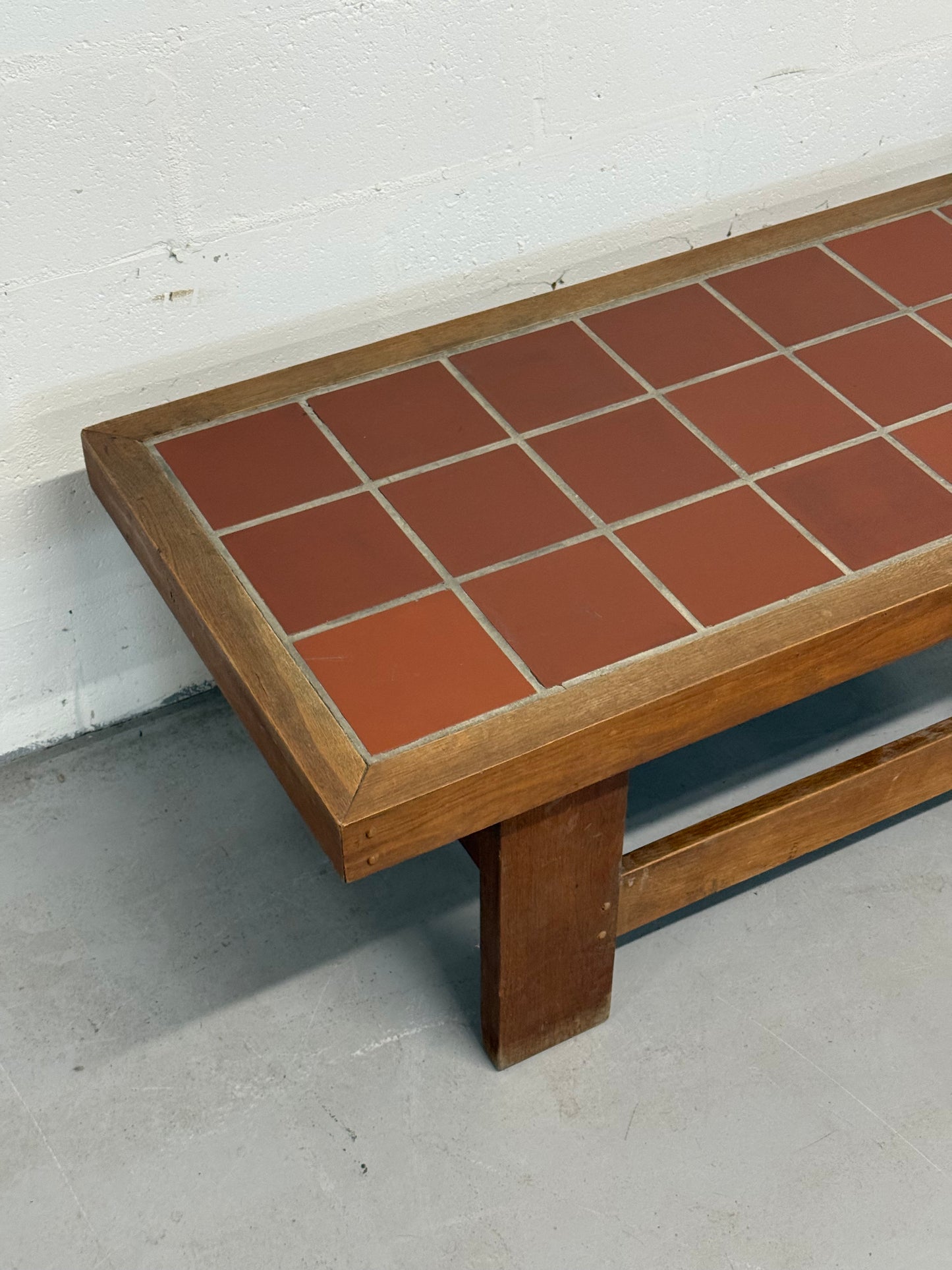 Vintage Solid Wood Coffee Table with Terracotta Tile Top