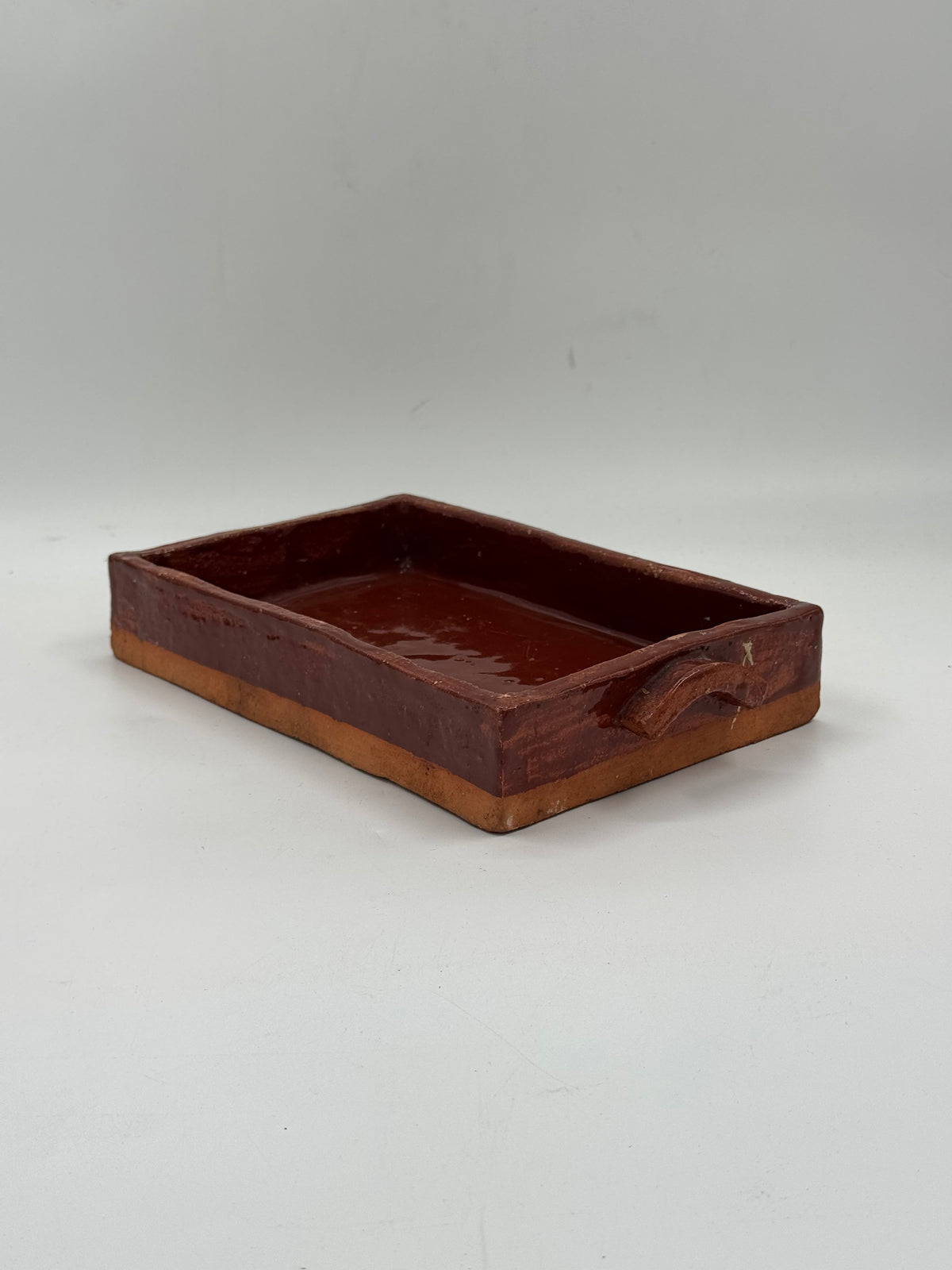 Vintage Chestnut-Glazed Terracotta Tray with Handles