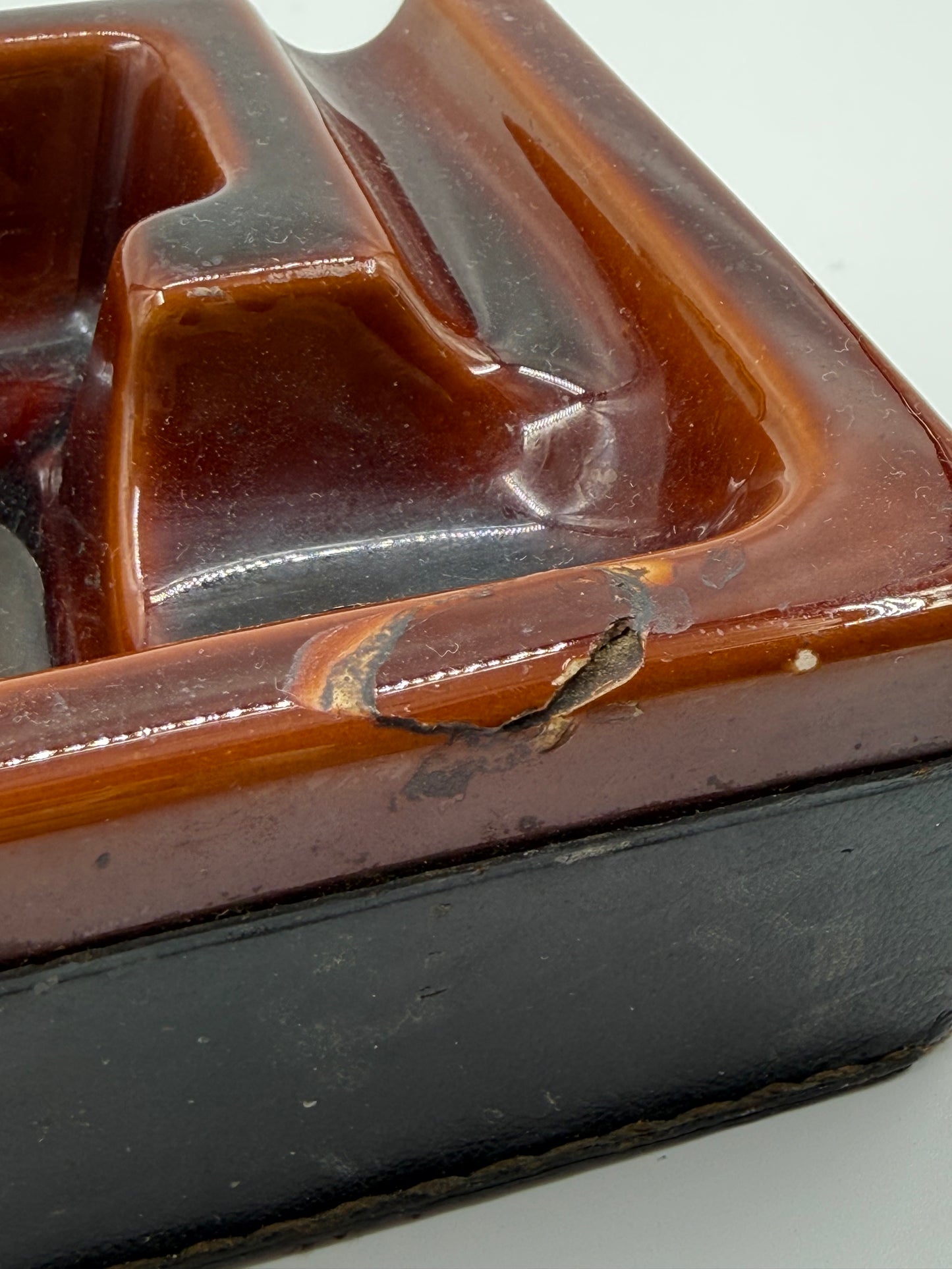 Geometric Brown Glazed Ashtray with Leather Base (1960s–70s)