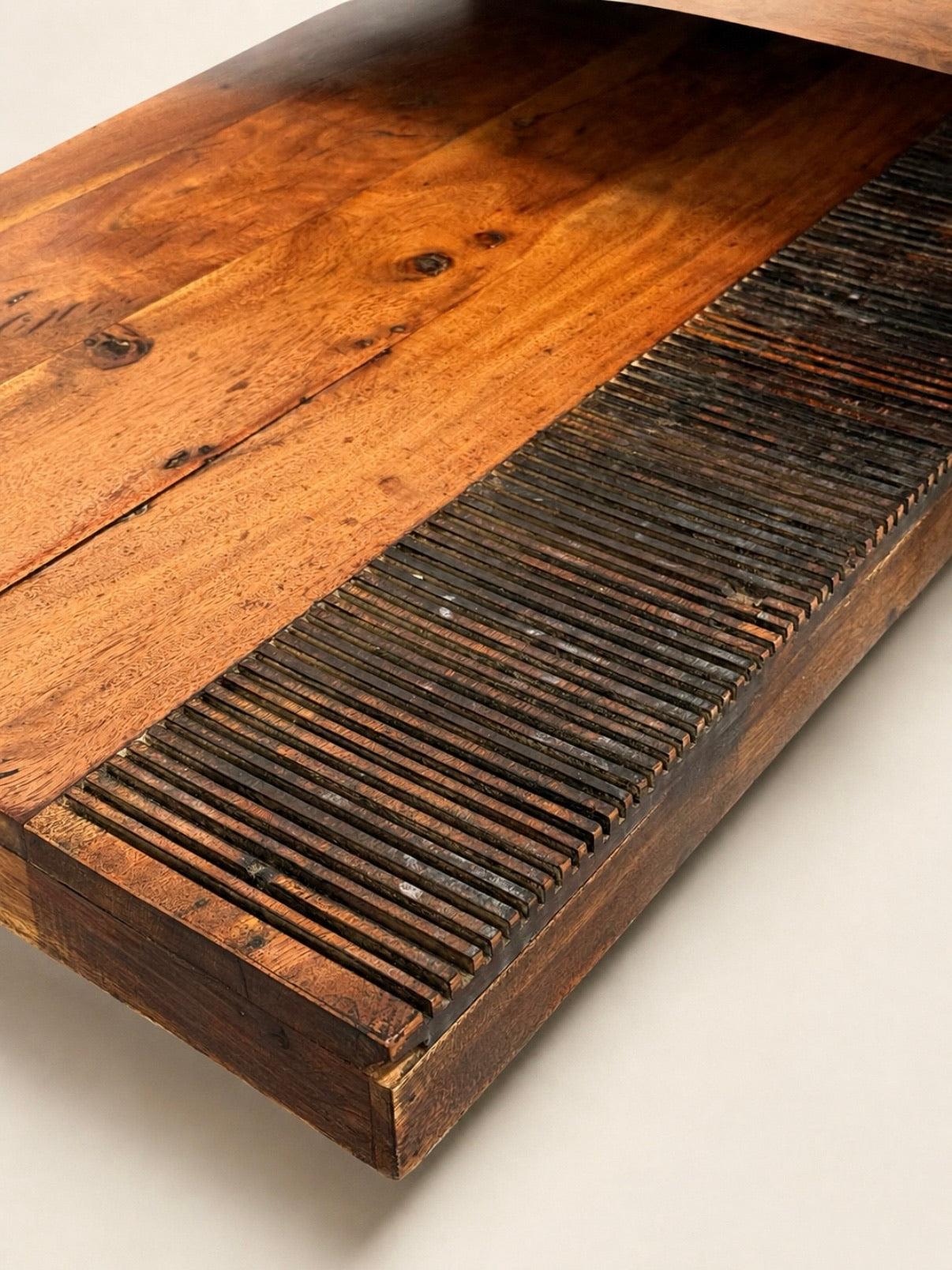 Sculptural Two-Tier Wood Coffee Table with Fluted Base