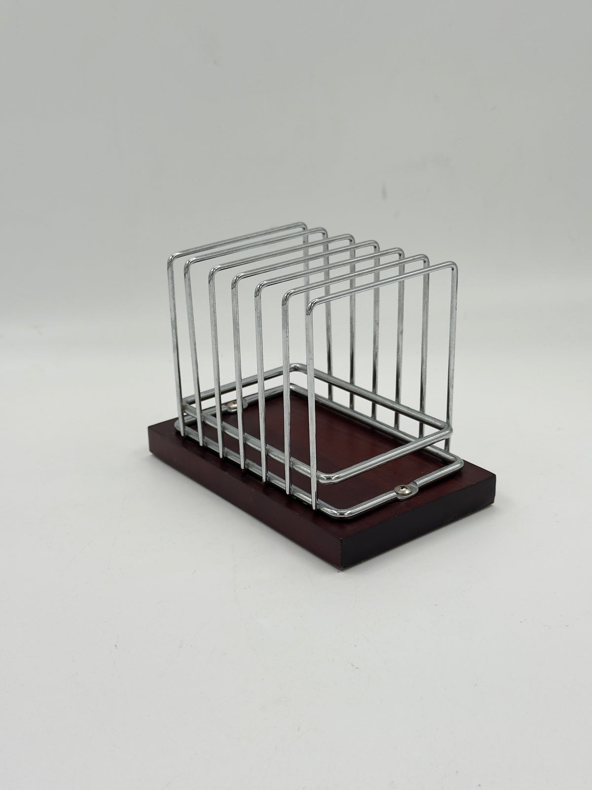 Vintage Chrome Wire Letter Rack on Wood Base