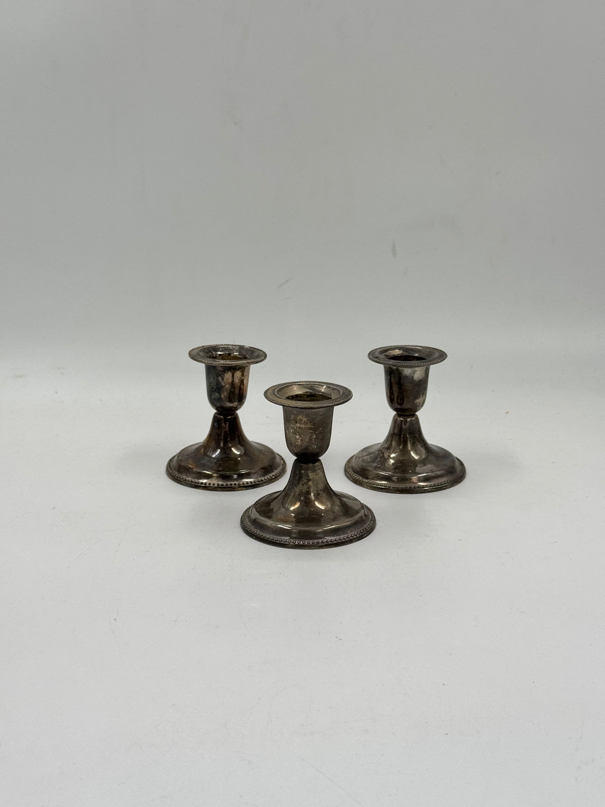 Set of 3 Vintage Silver-Plated Candlesticks, Beaded Rim