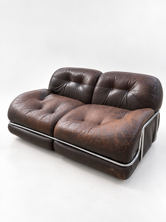 Brown Leather & Chrome Sofa, 1970s