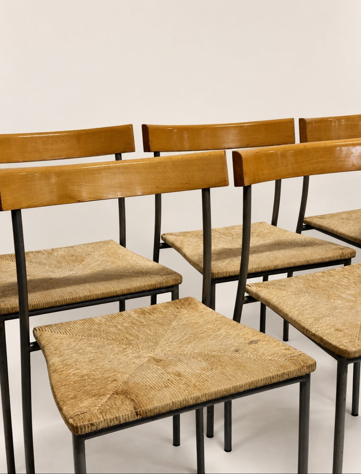 Set of 6 Vintage Wood and Rush Dining Chairs with Black Metal Legs