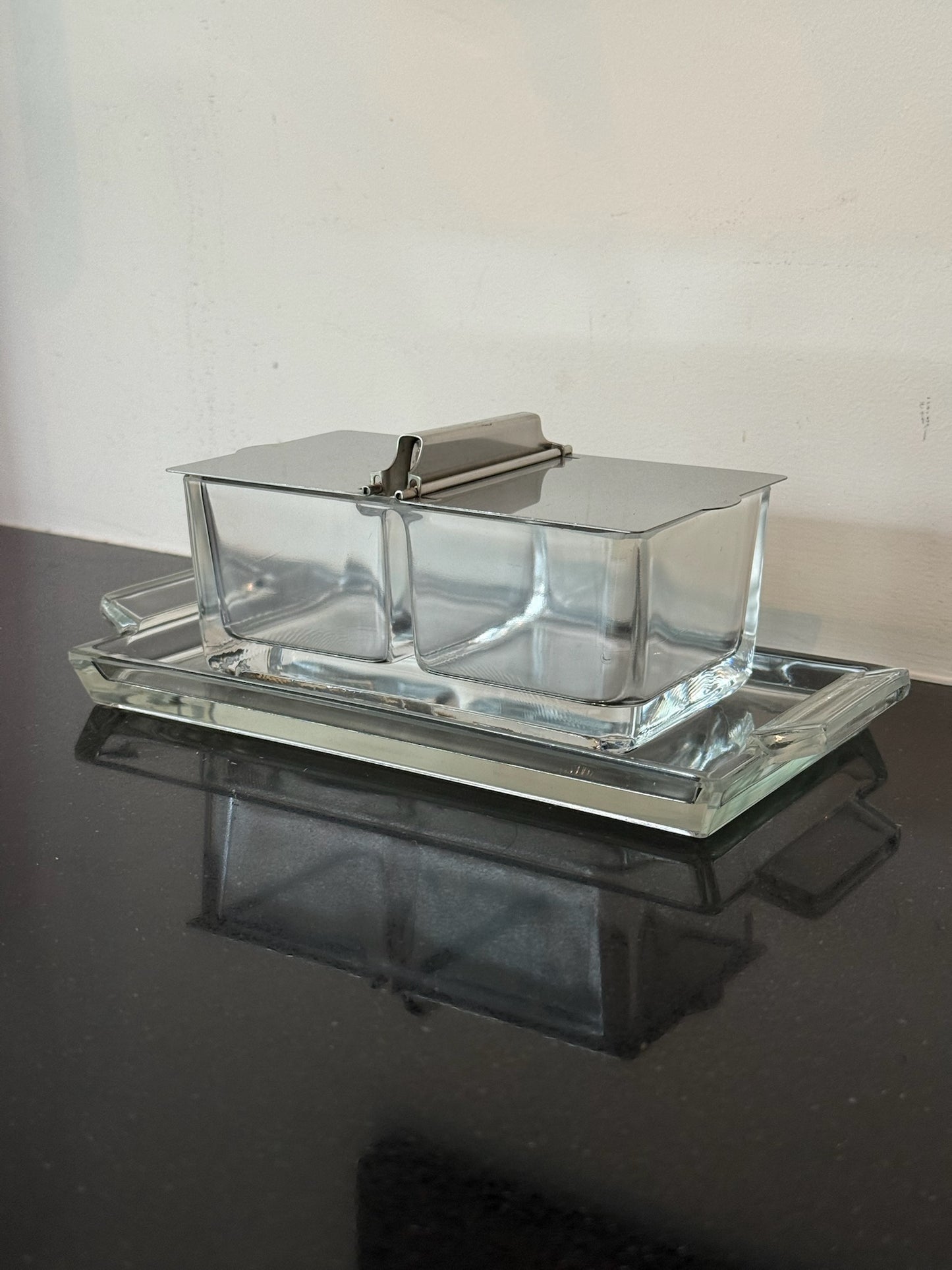 Vintage Glass & Chrome Condiment Duo Rectangular Serving Set
